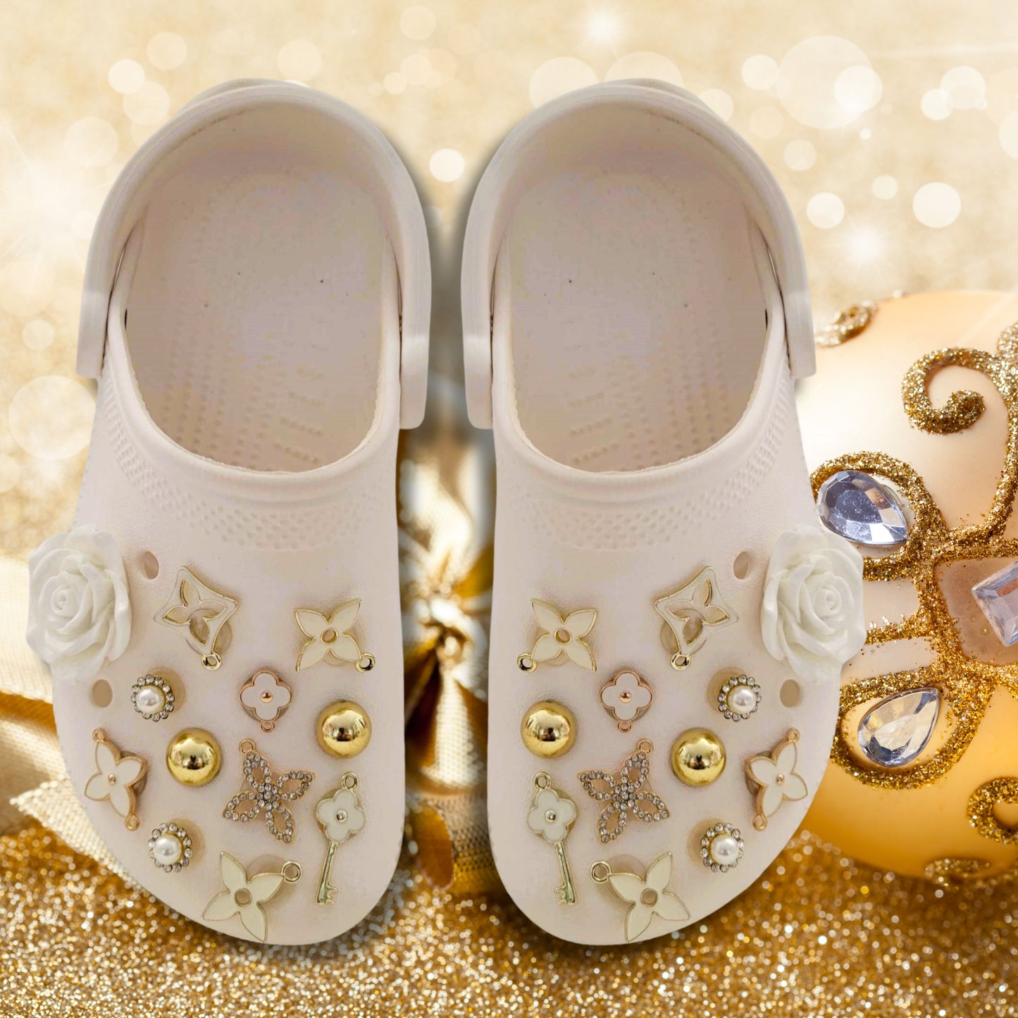 Luxury White & Gold Rhinestone Shoe Charms
