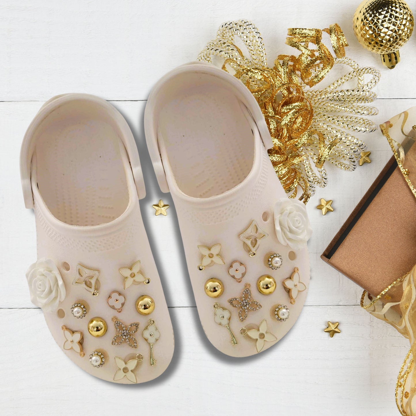 Luxury White & Gold Rhinestone Shoe Charms