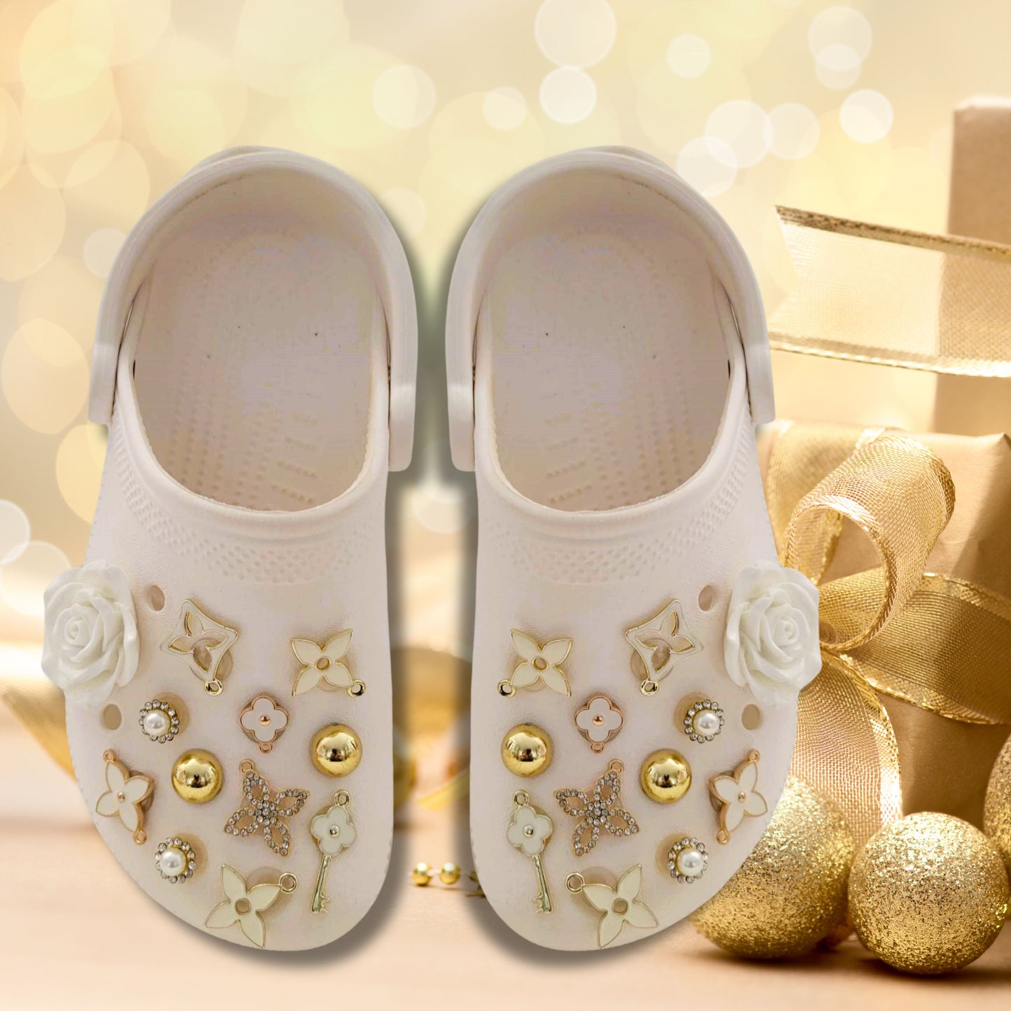 Luxury White & Gold Rhinestone Shoe Charms