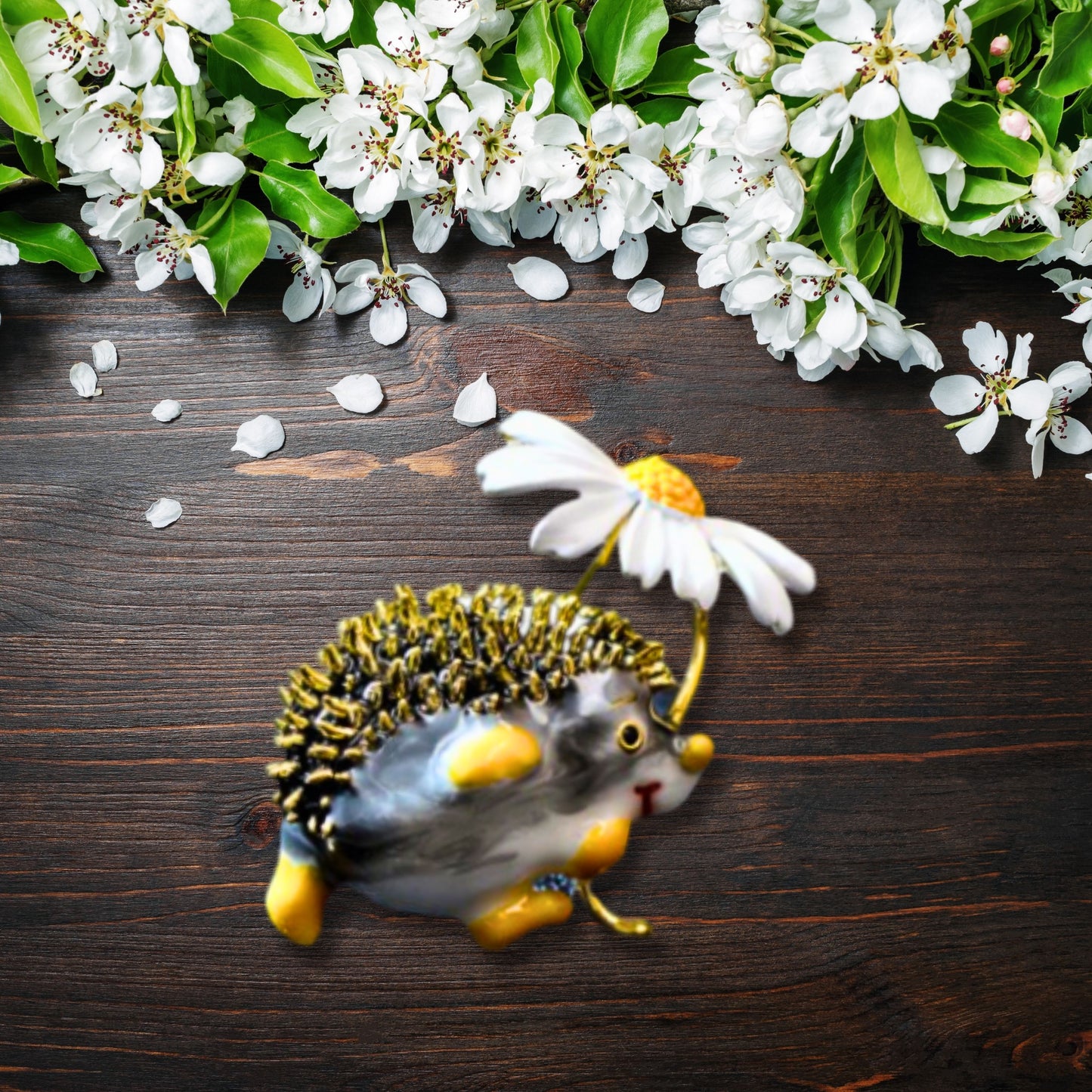 White Daisy Black Hedgehog Brooch