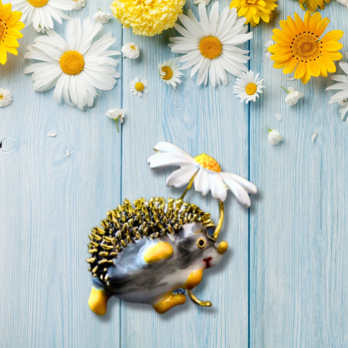 White Daisy Black Hedgehog Brooch