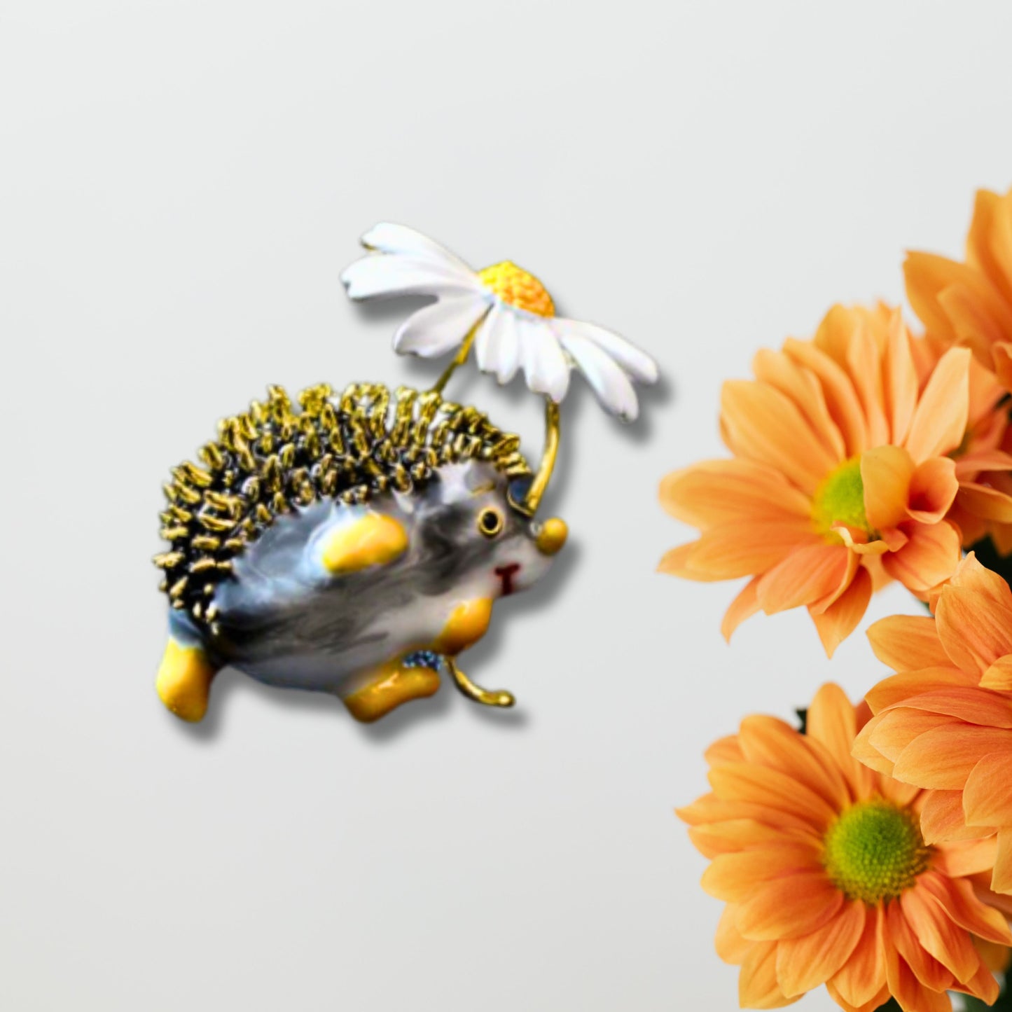 White Daisy Black Hedgehog Brooch
