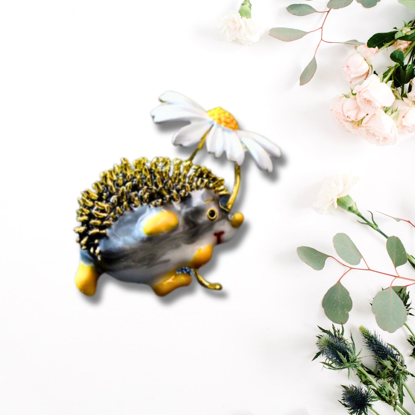 White Daisy Black Hedgehog Brooch