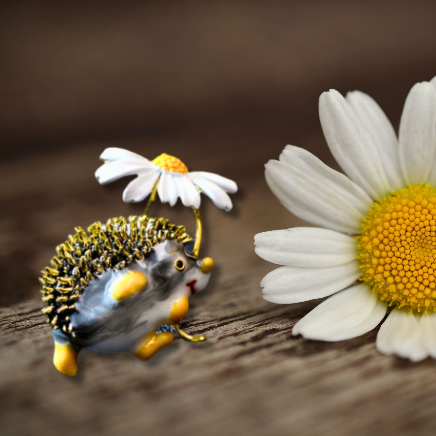 White Daisy Black Hedgehog Brooch