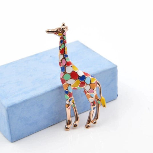 80's Design Multicolored Giraffe Metal Enamel Fashion Brooch Pin