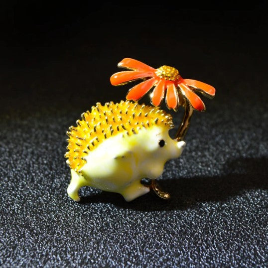 Yellow Hedgehog Orange Daisy Metal Brooch