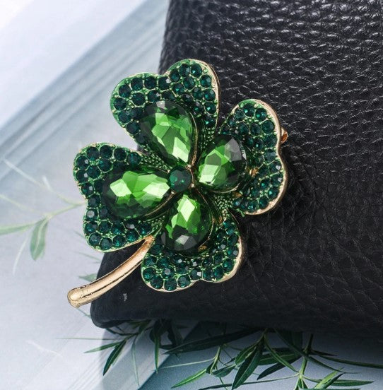Green Four Leaf Clover Crystal Fashion Brooch