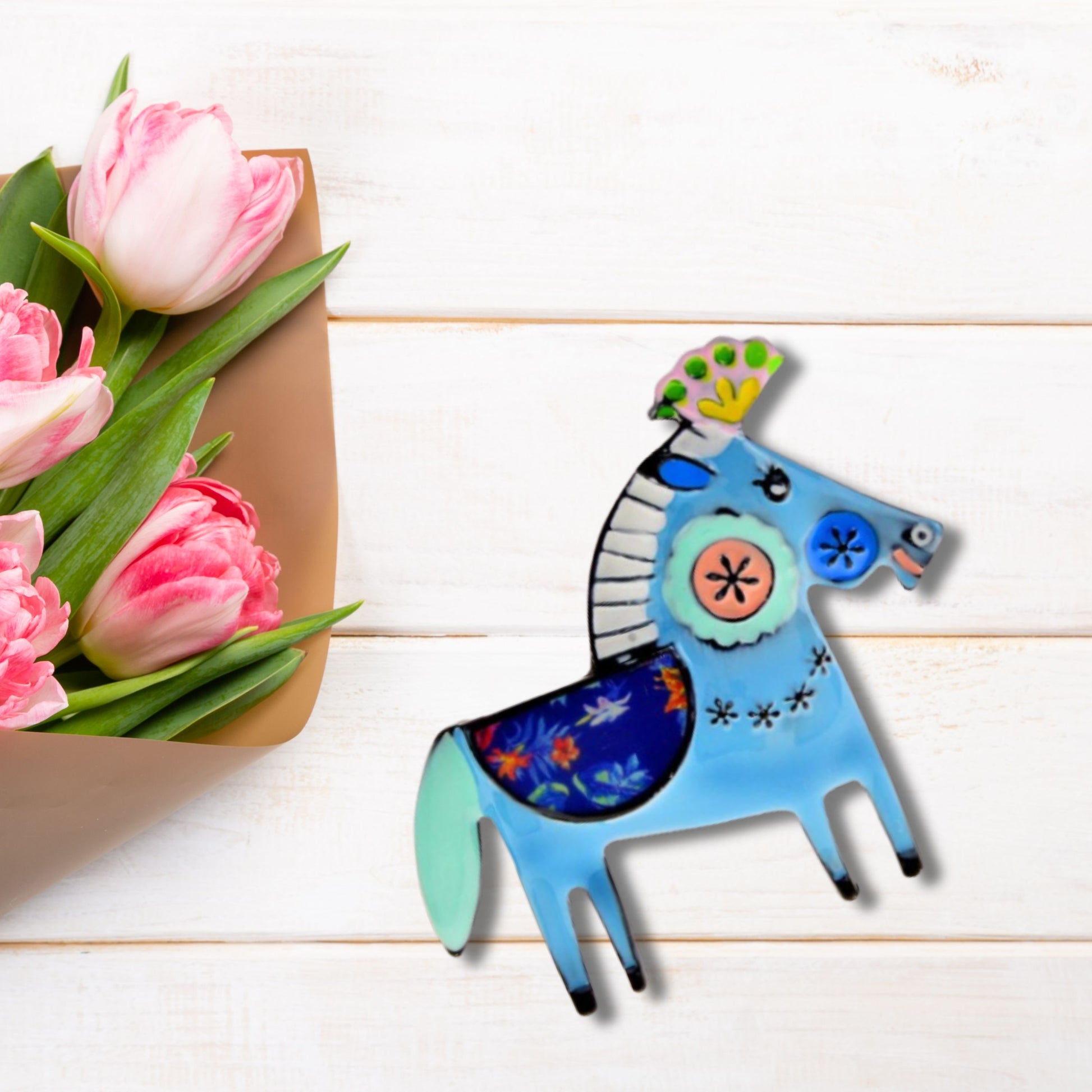 Blue Abstract Horse Brooch Pin