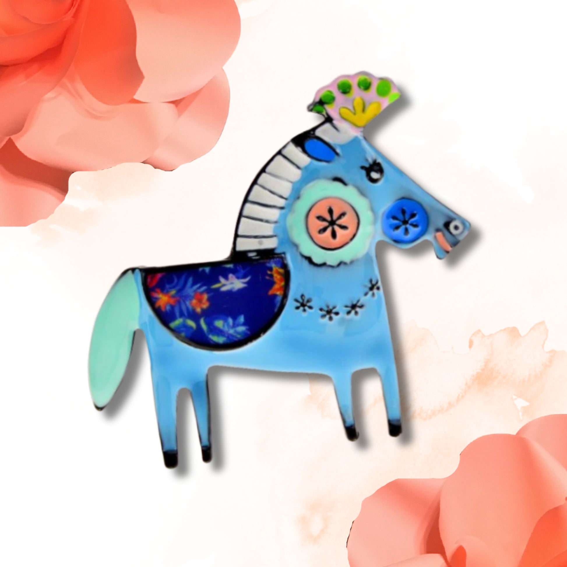 Blue Abstract Horse Brooch Pin