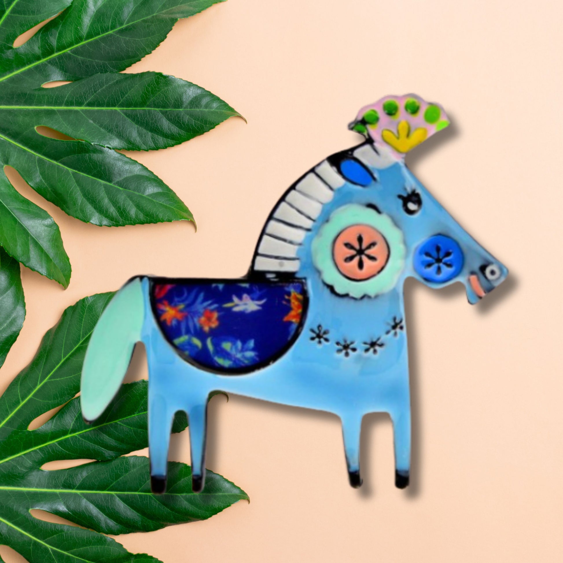 Blue Abstract Horse Brooch Pin