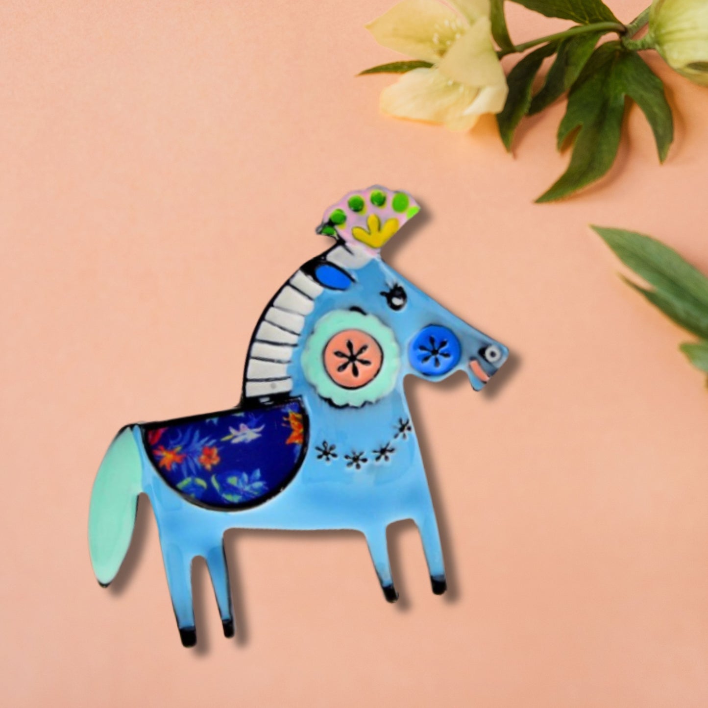 Blue Abstract Horse Brooch Pin