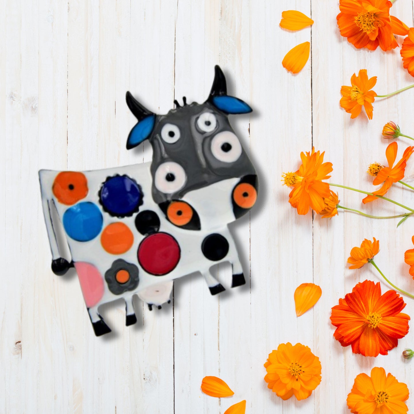 Black Abstract Cow Brooch