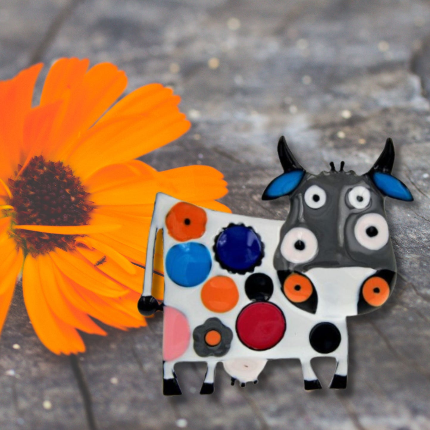 Black Abstract Cow Brooch