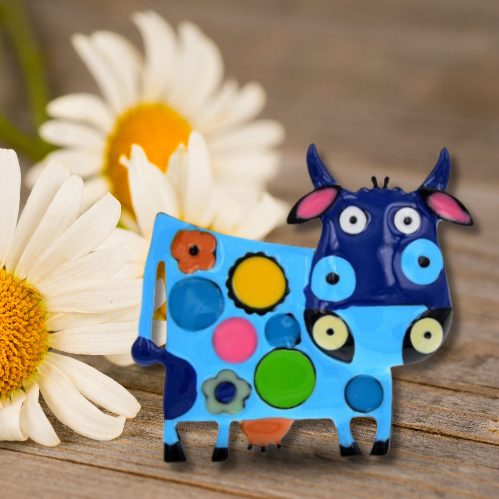 Blue Abstract Cow Brooch