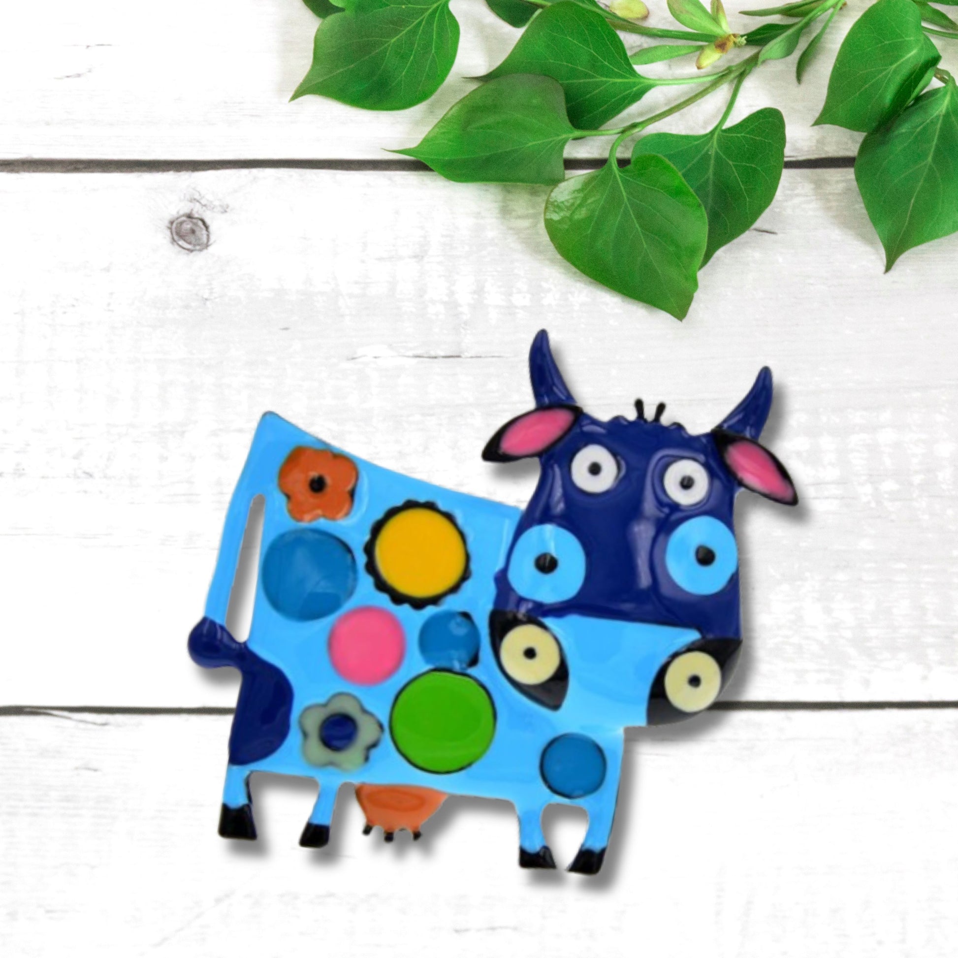 Blue Abstract Cow Brooch