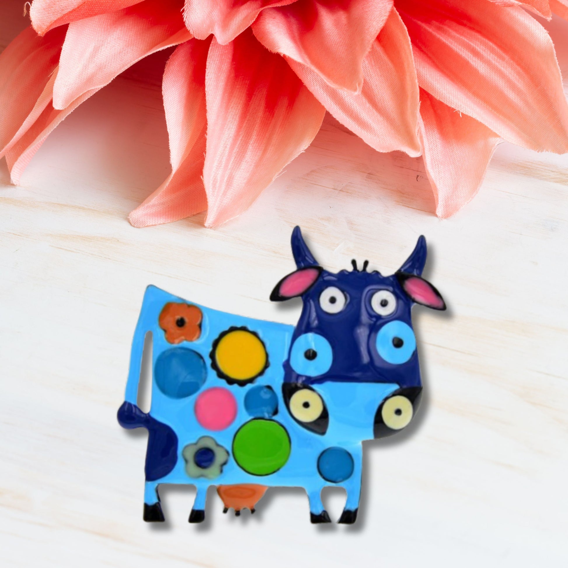 Blue Abstract Cow Brooch