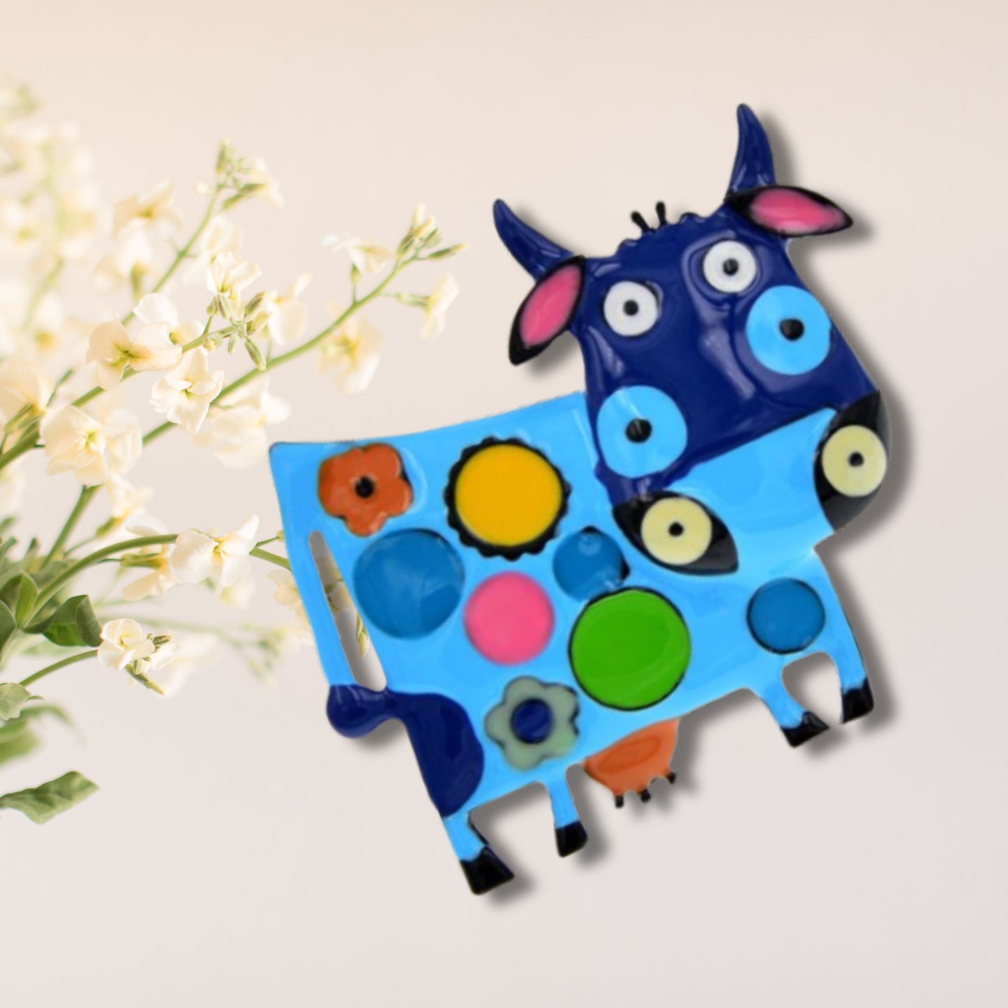 Blue Abstract Cow Brooch