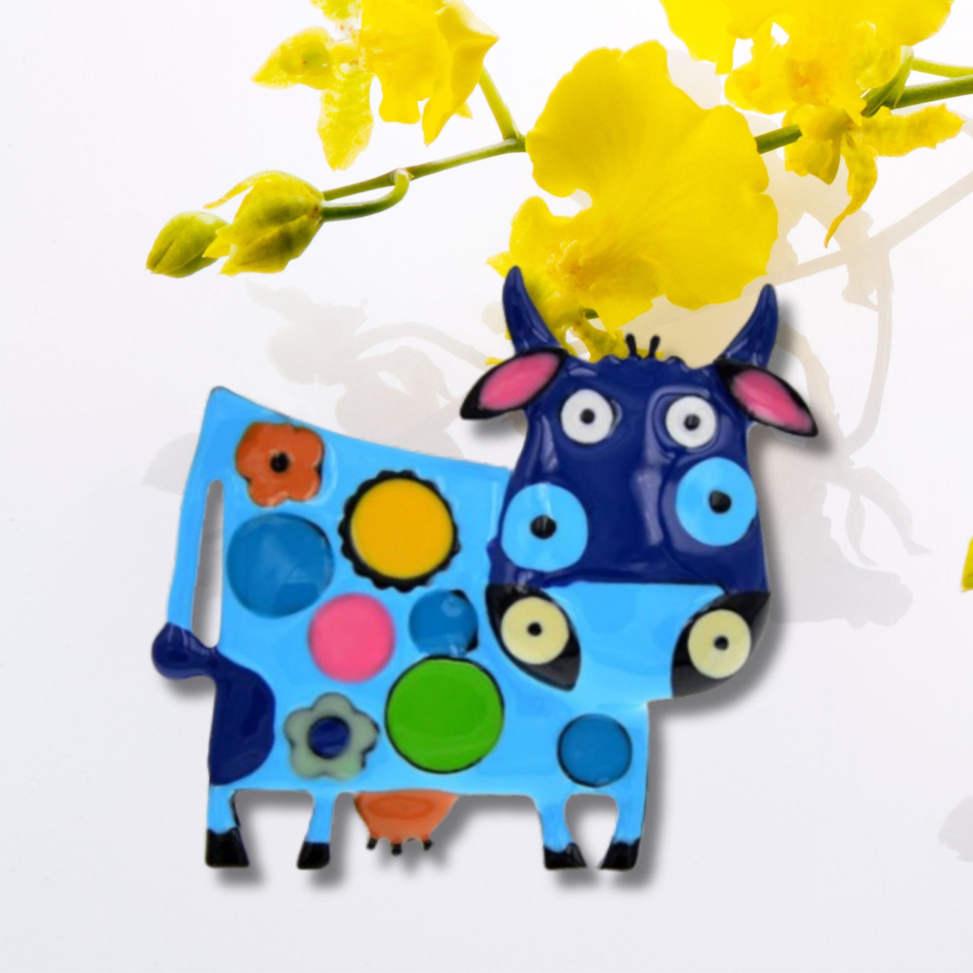 Blue Abstract Cow Brooch