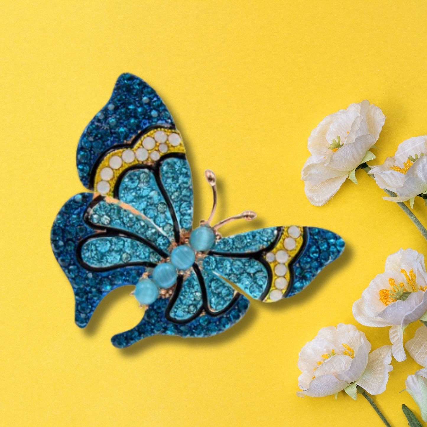 Navy Blue Rhinestone Butterfly Brooch