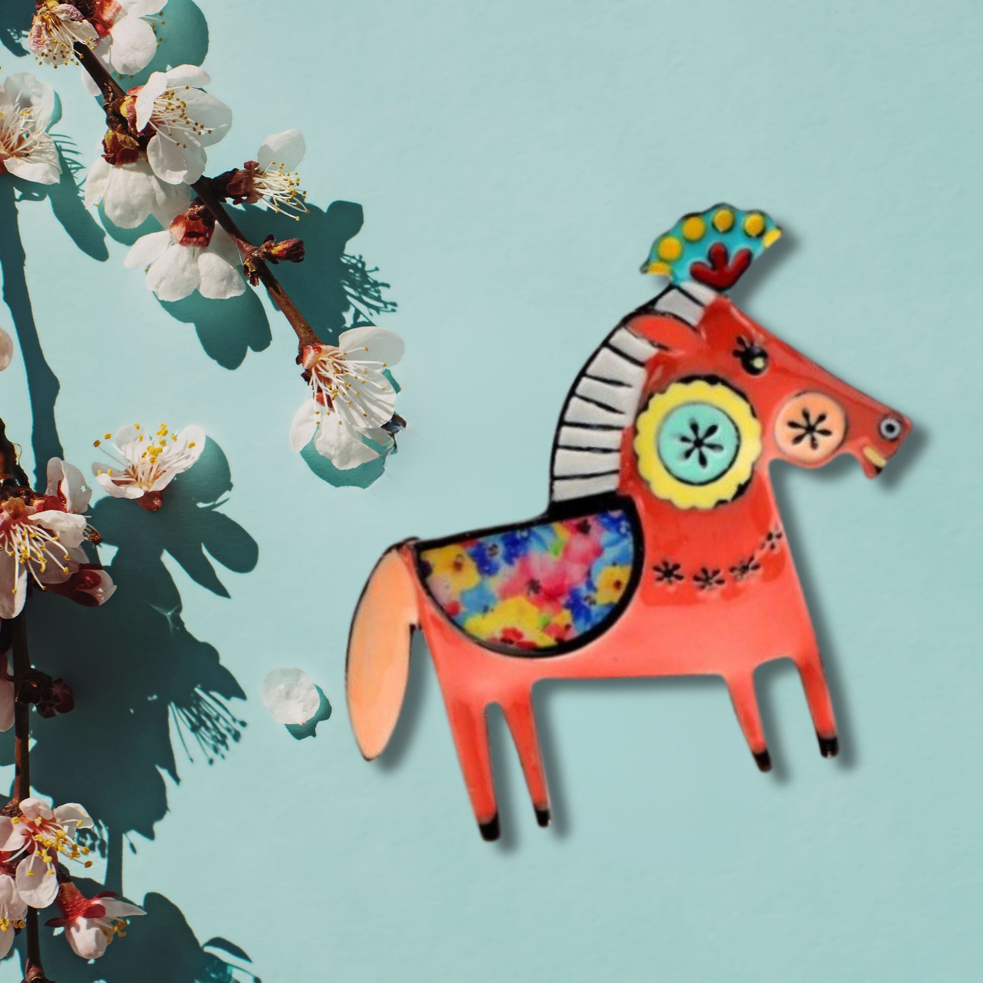 Red Abstract Horse Brooch Pin