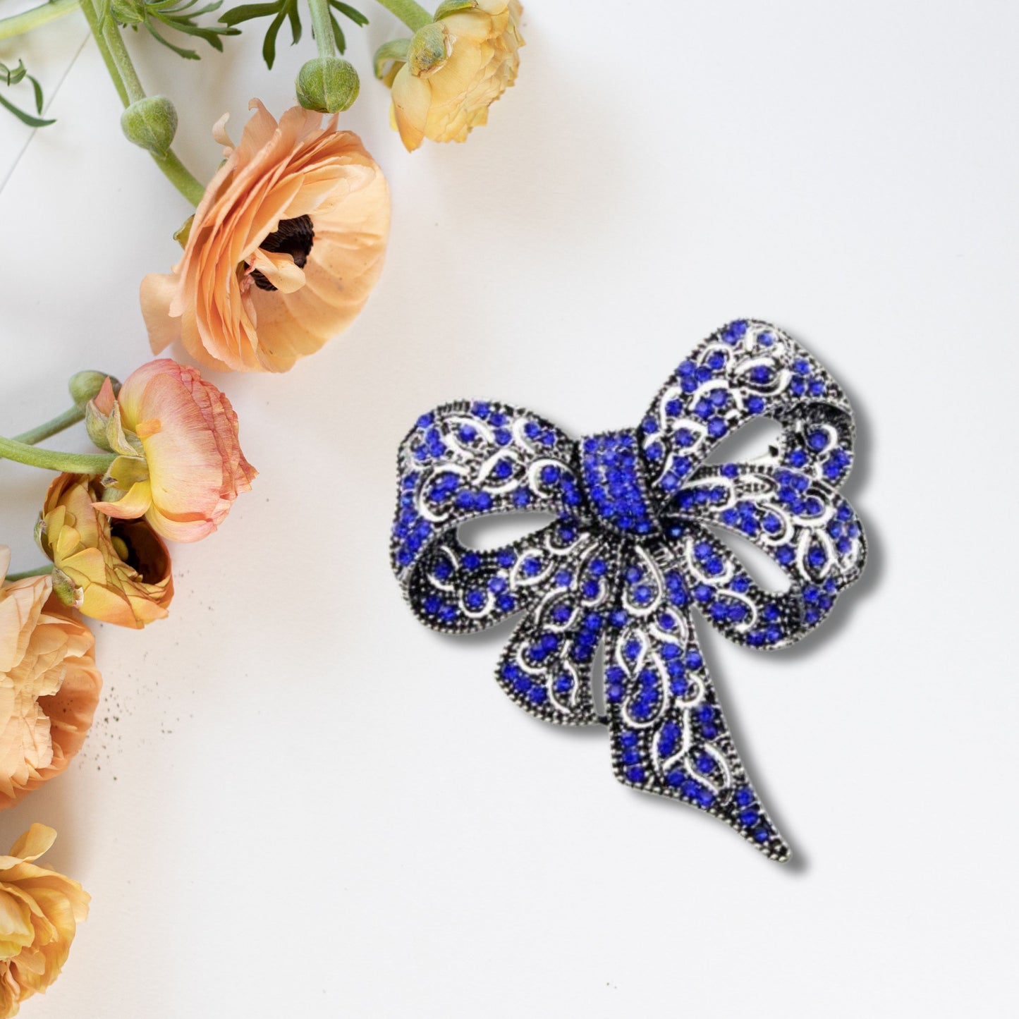 Blue Rhinestone Bow Statement Fashion Brooch