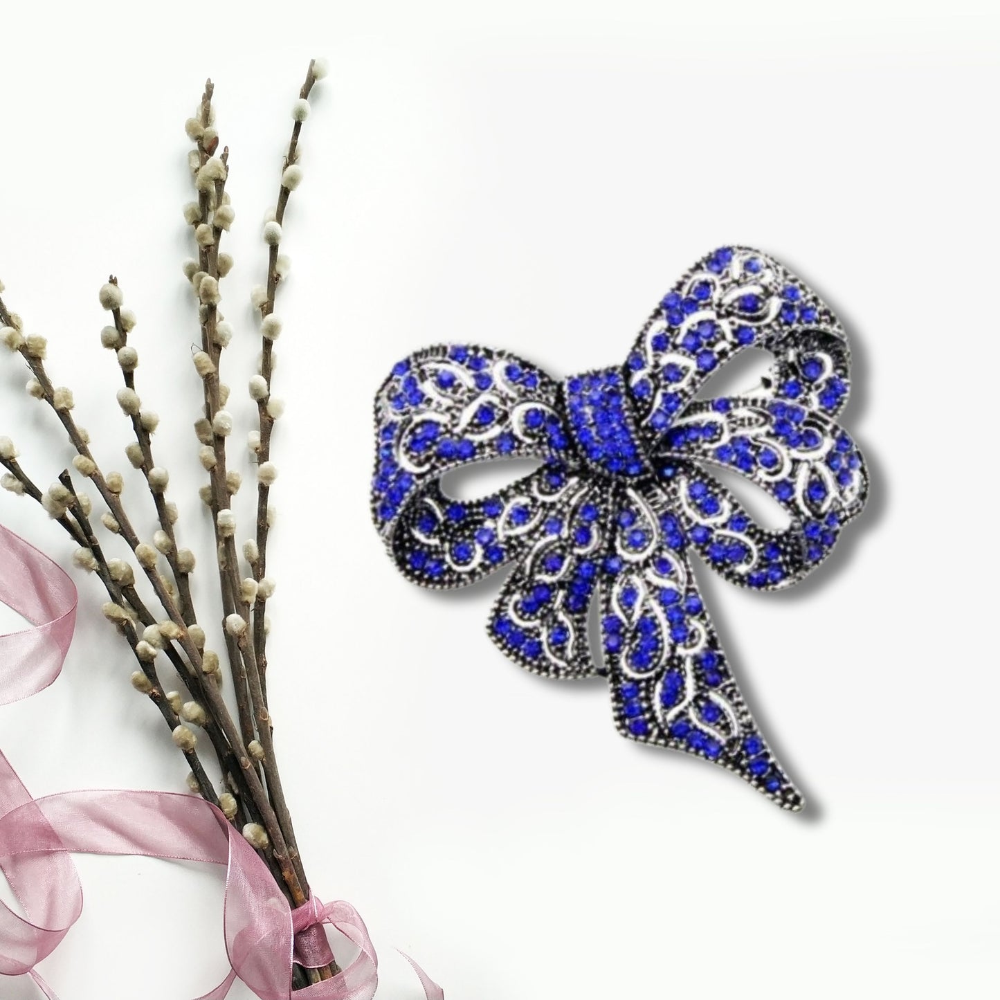 Blue Rhinestone Bow Statement Fashion Brooch