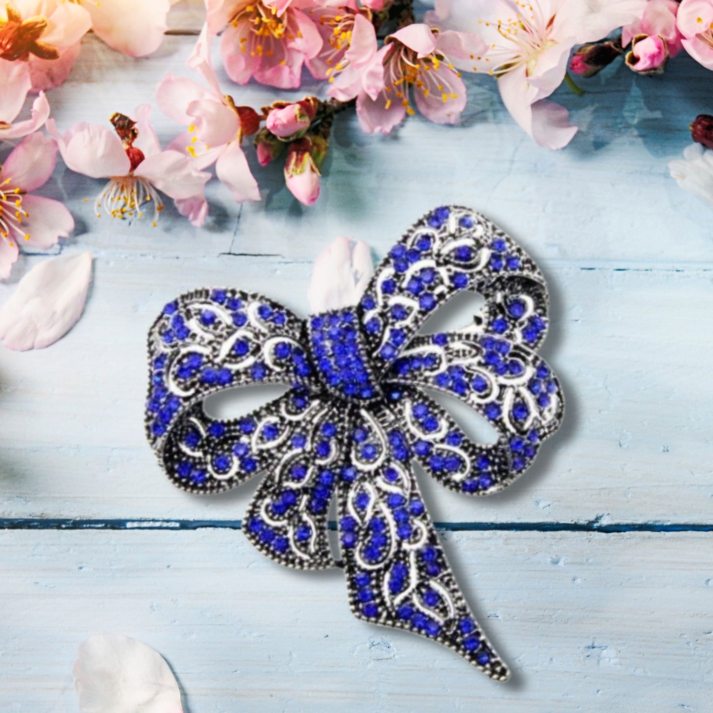 Blue Rhinestone Bow Statement Fashion Brooch