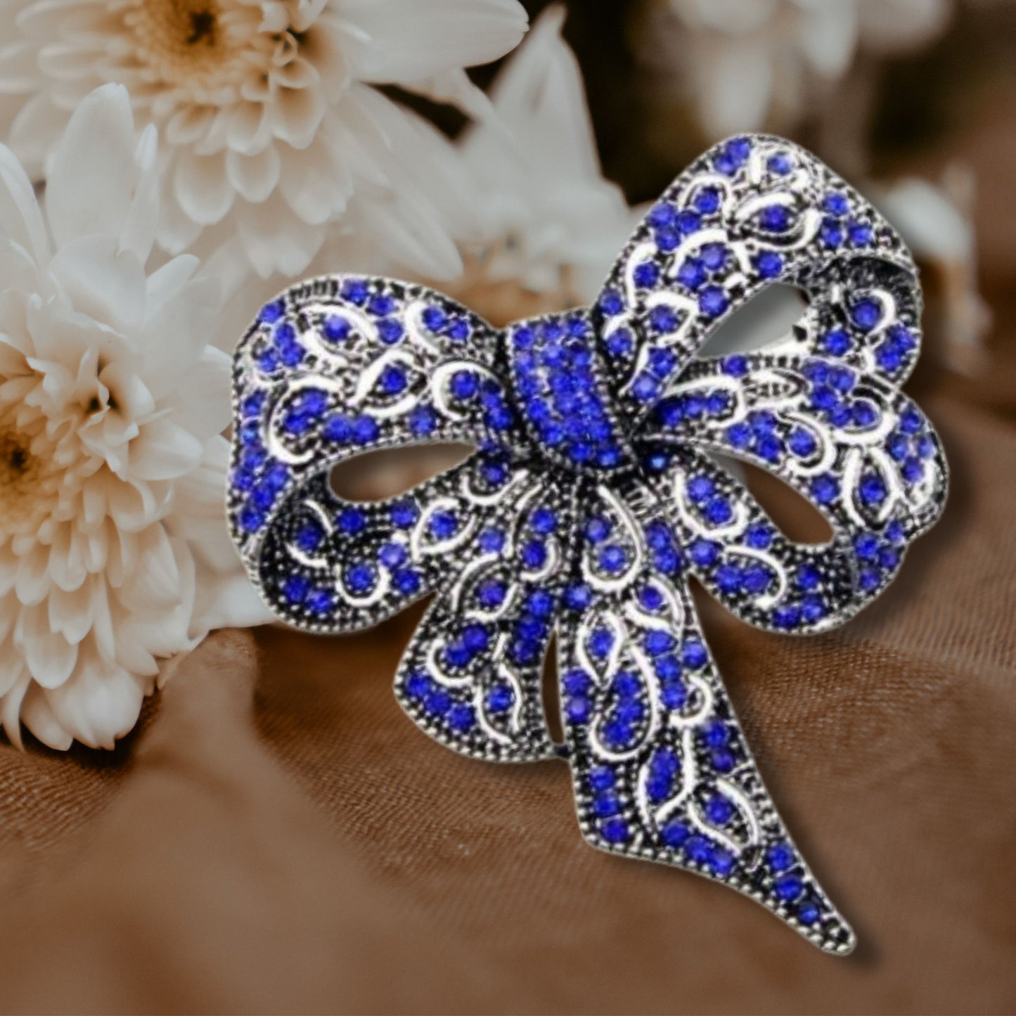 Blue Rhinestone Bow Statement Fashion Brooch