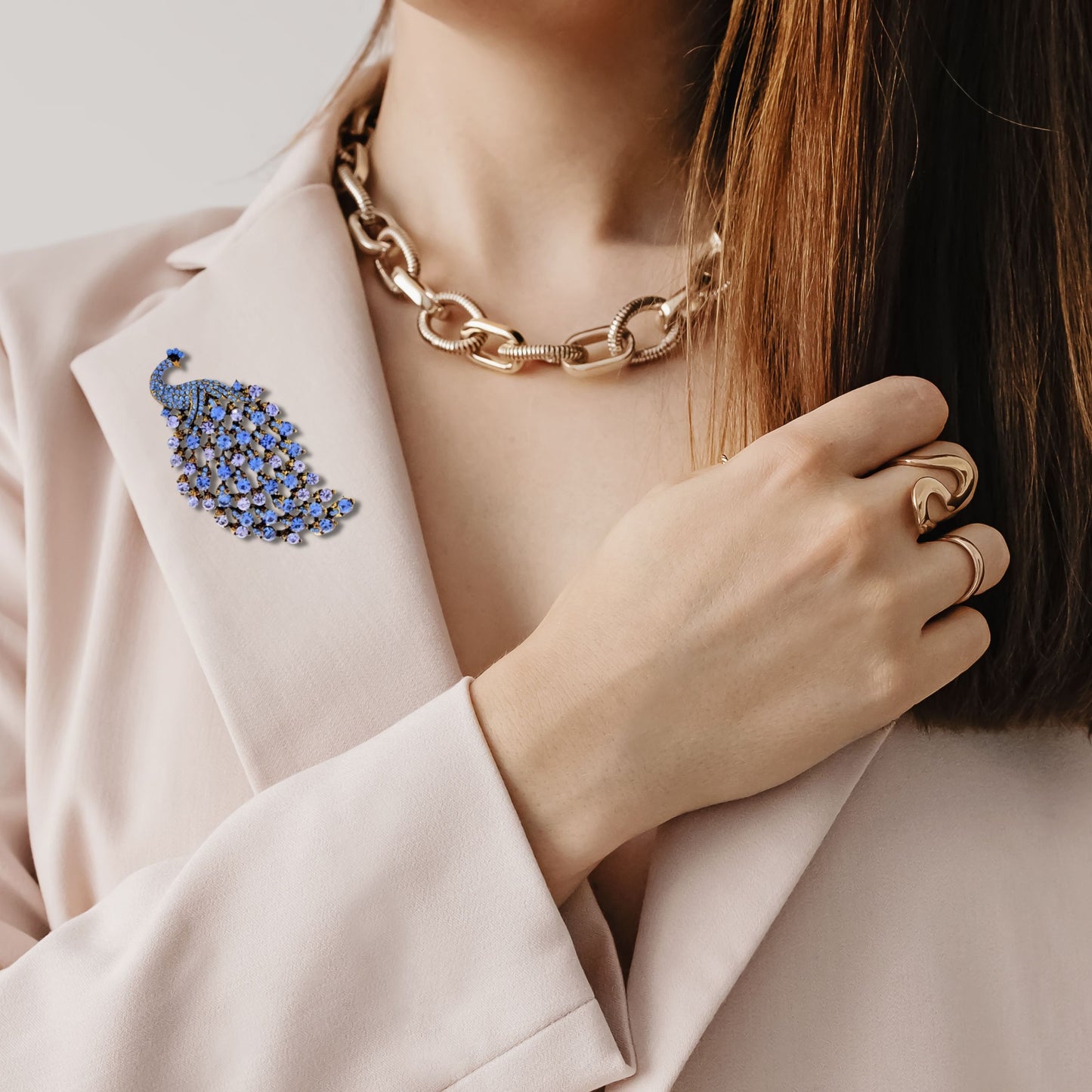 Blue Peacock Rhinestone Brooch