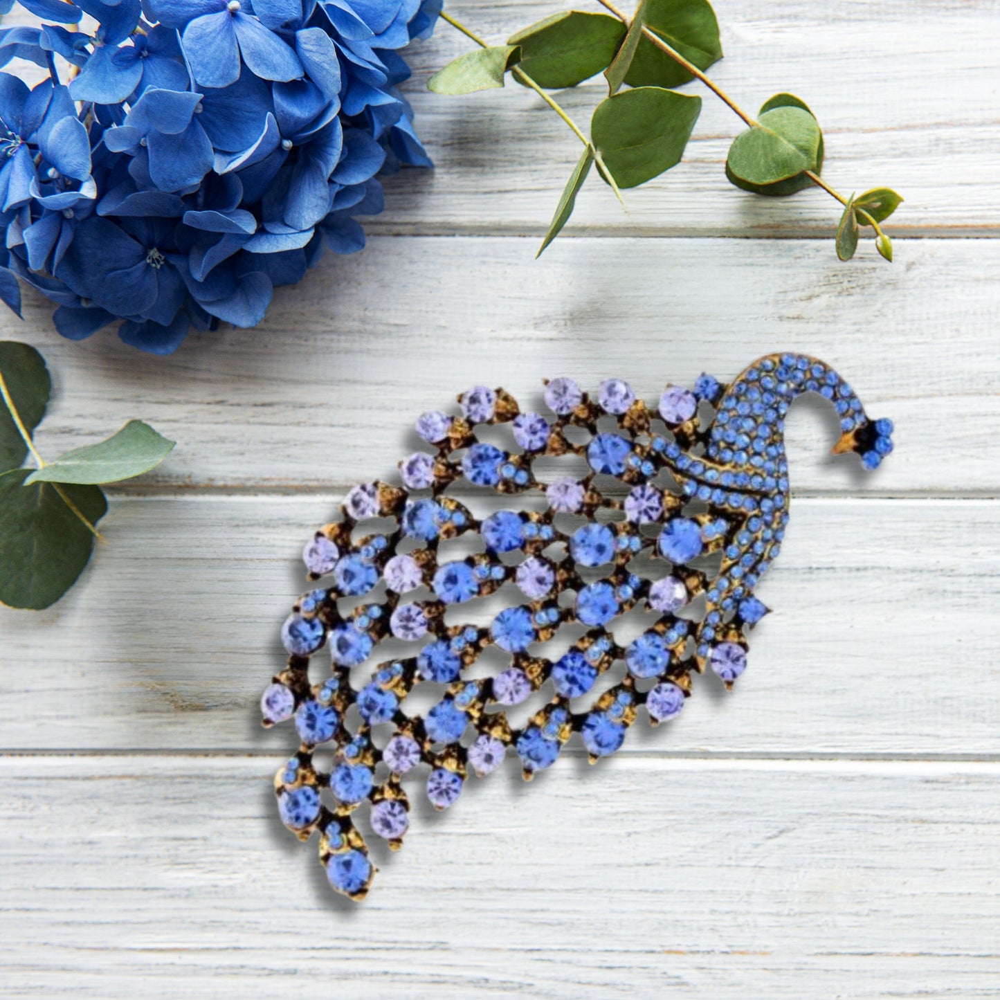 Blue Peacock Rhinestone Brooch