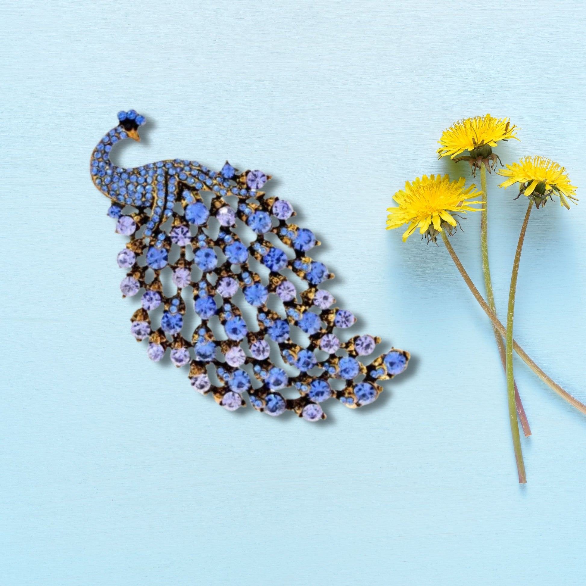 Blue Peacock Rhinestone Brooch