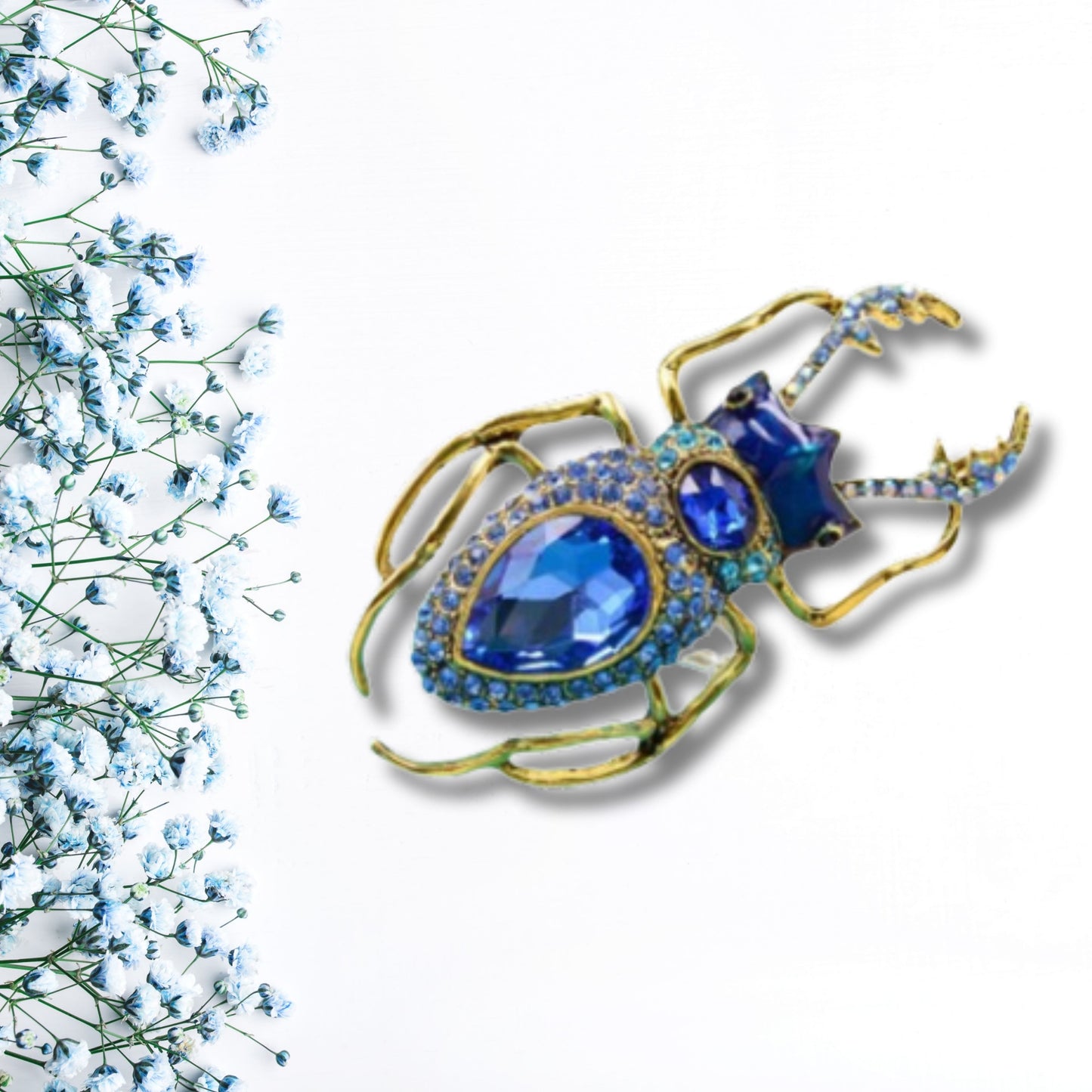 Blue Rhinestone Beetle Brooch