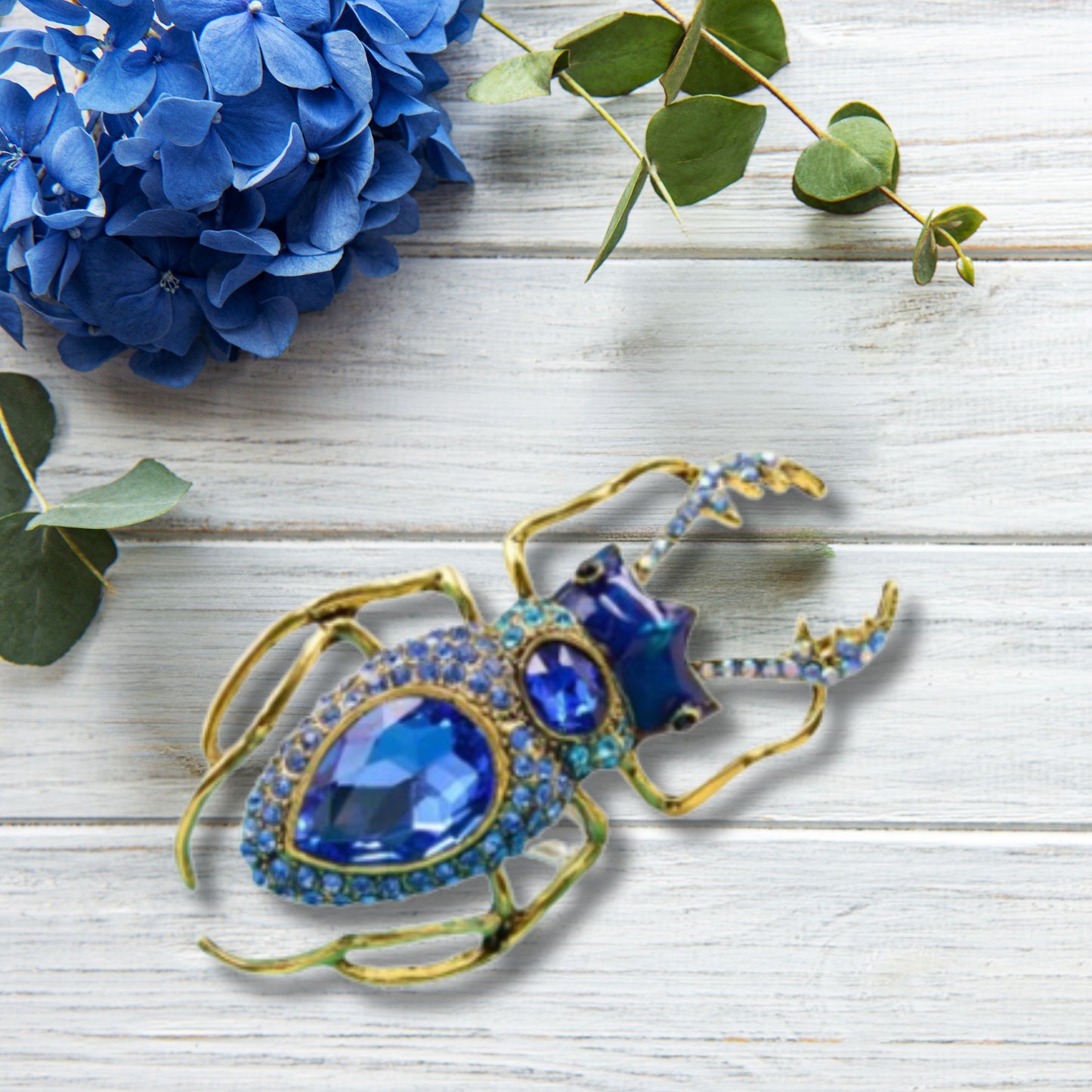 Blue Rhinestone Beetle Brooch