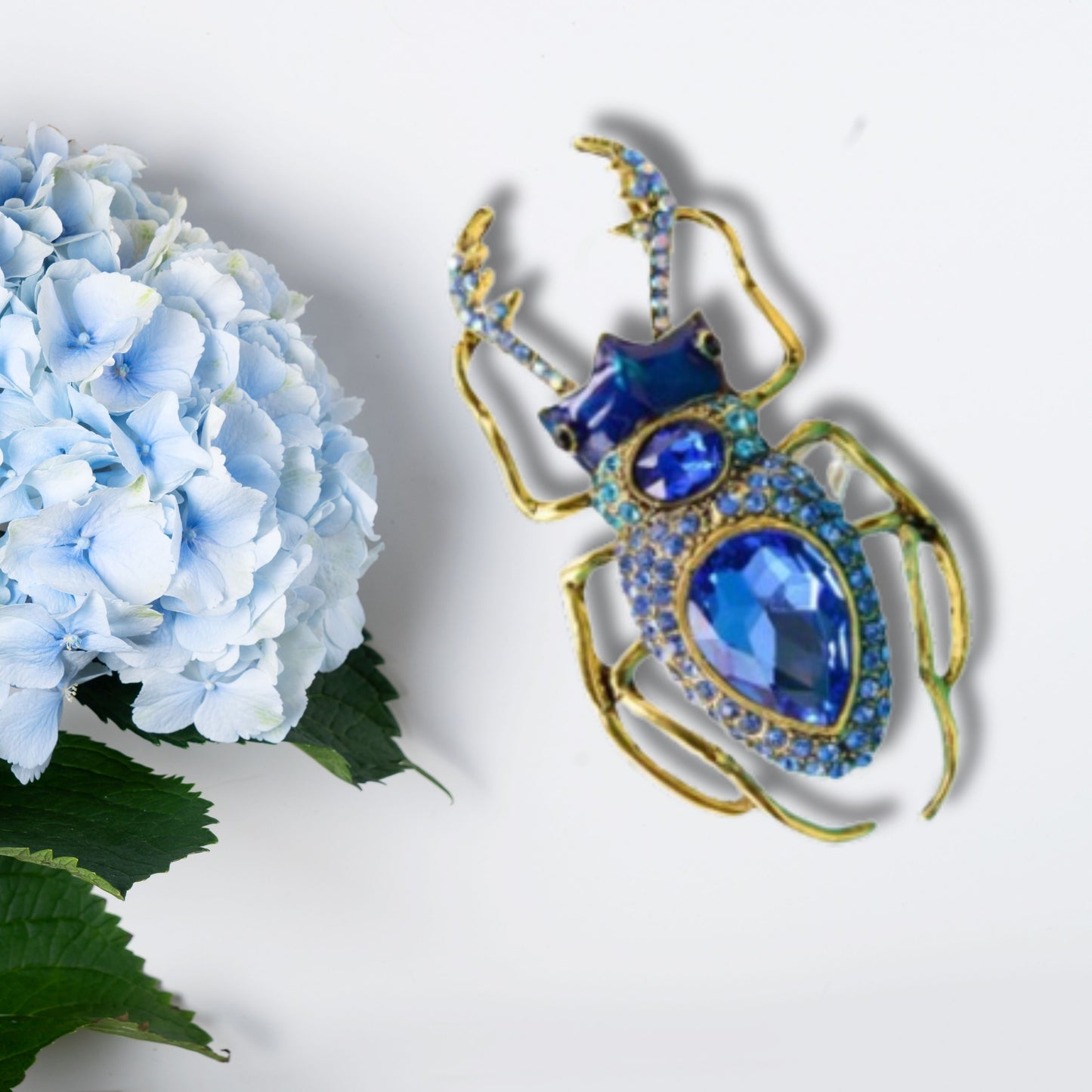 Blue Rhinestone Beetle Brooch