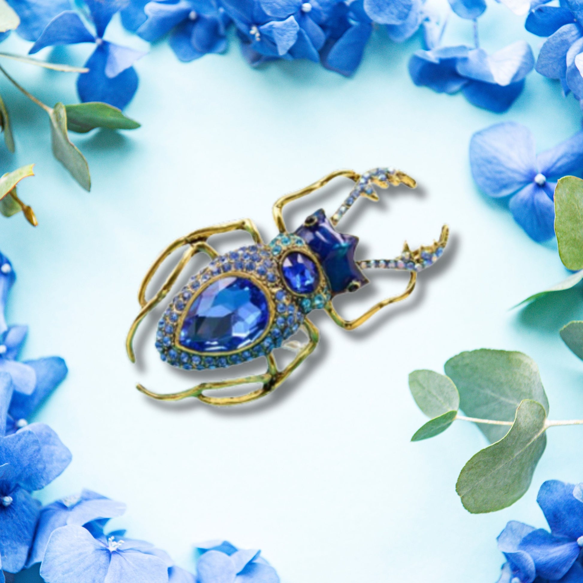 Blue Rhinestone Beetle Brooch