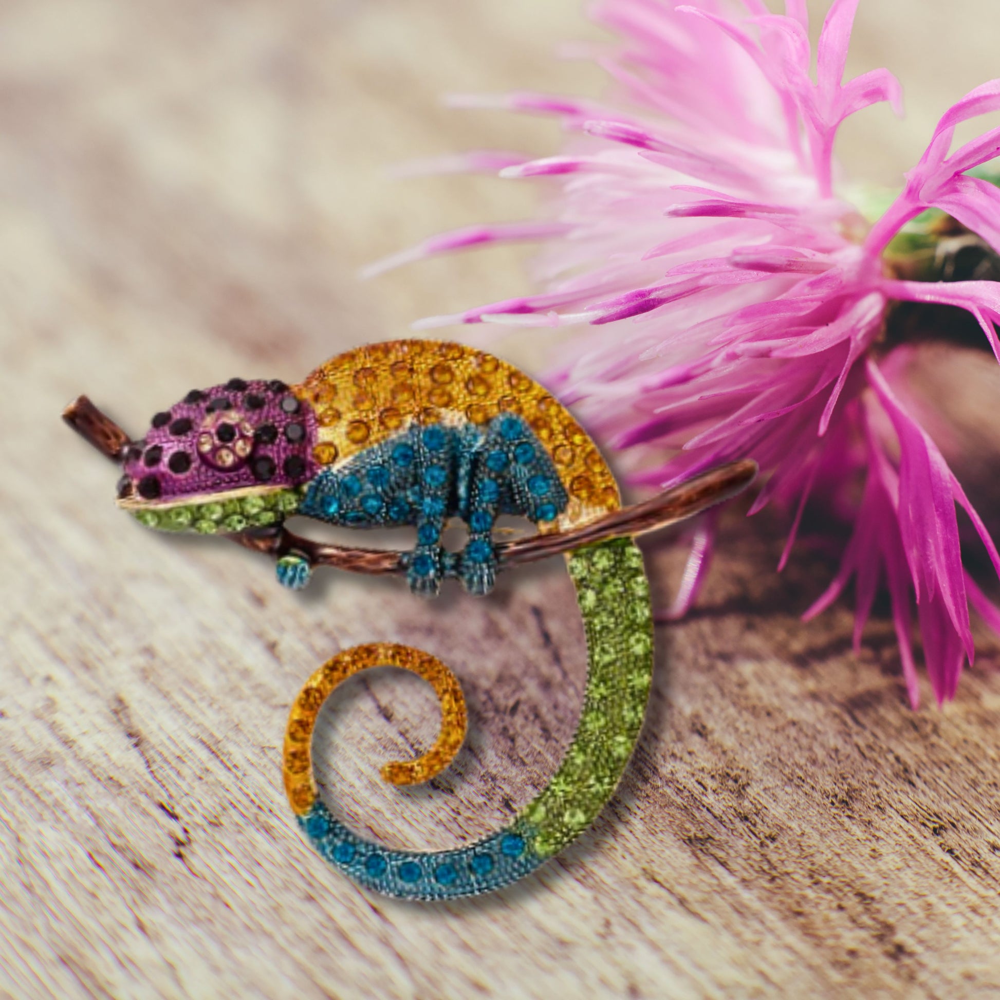 Orange Chameleon Rhinestone Statement Brooch