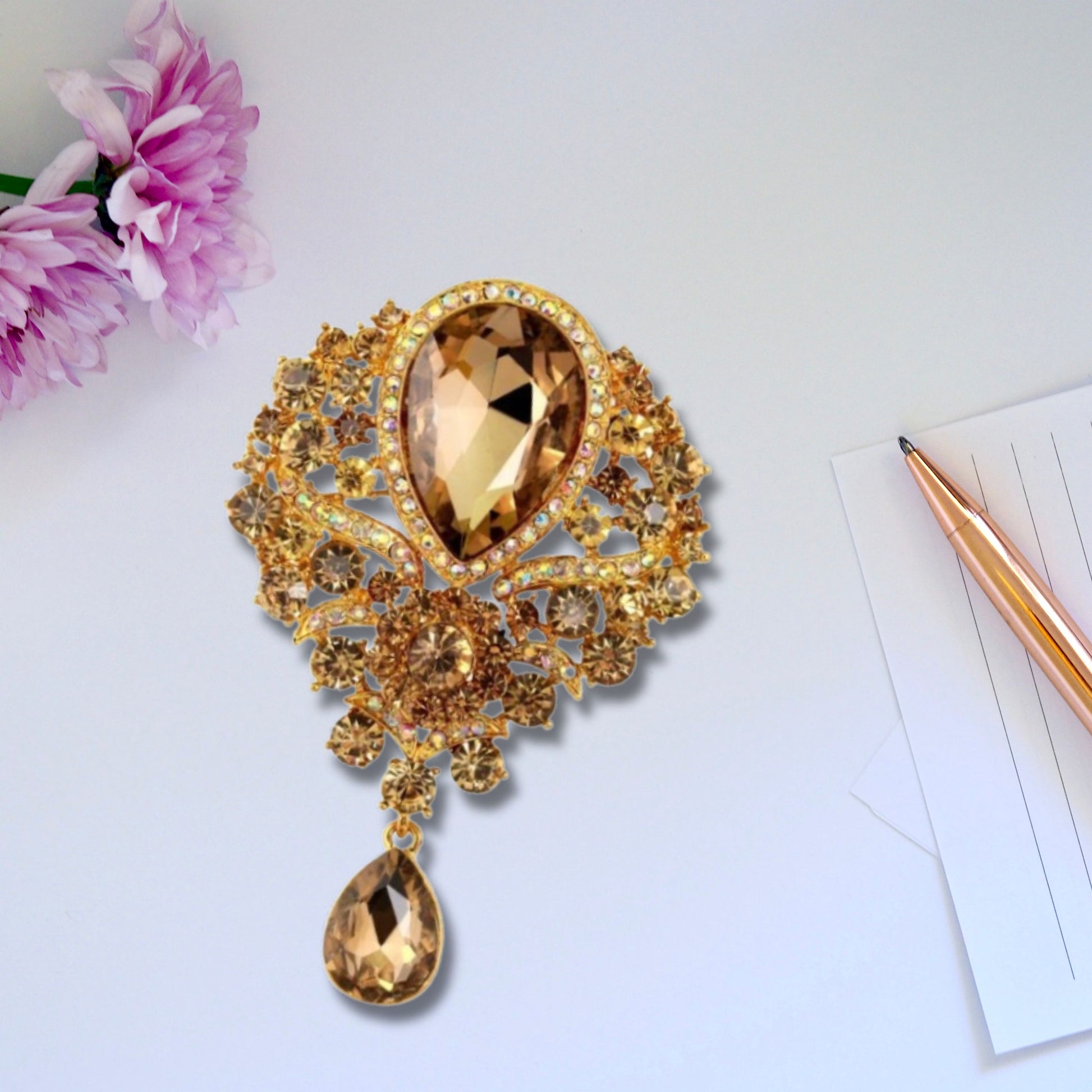 Champagne Gold Rhinestone Brooch Pin