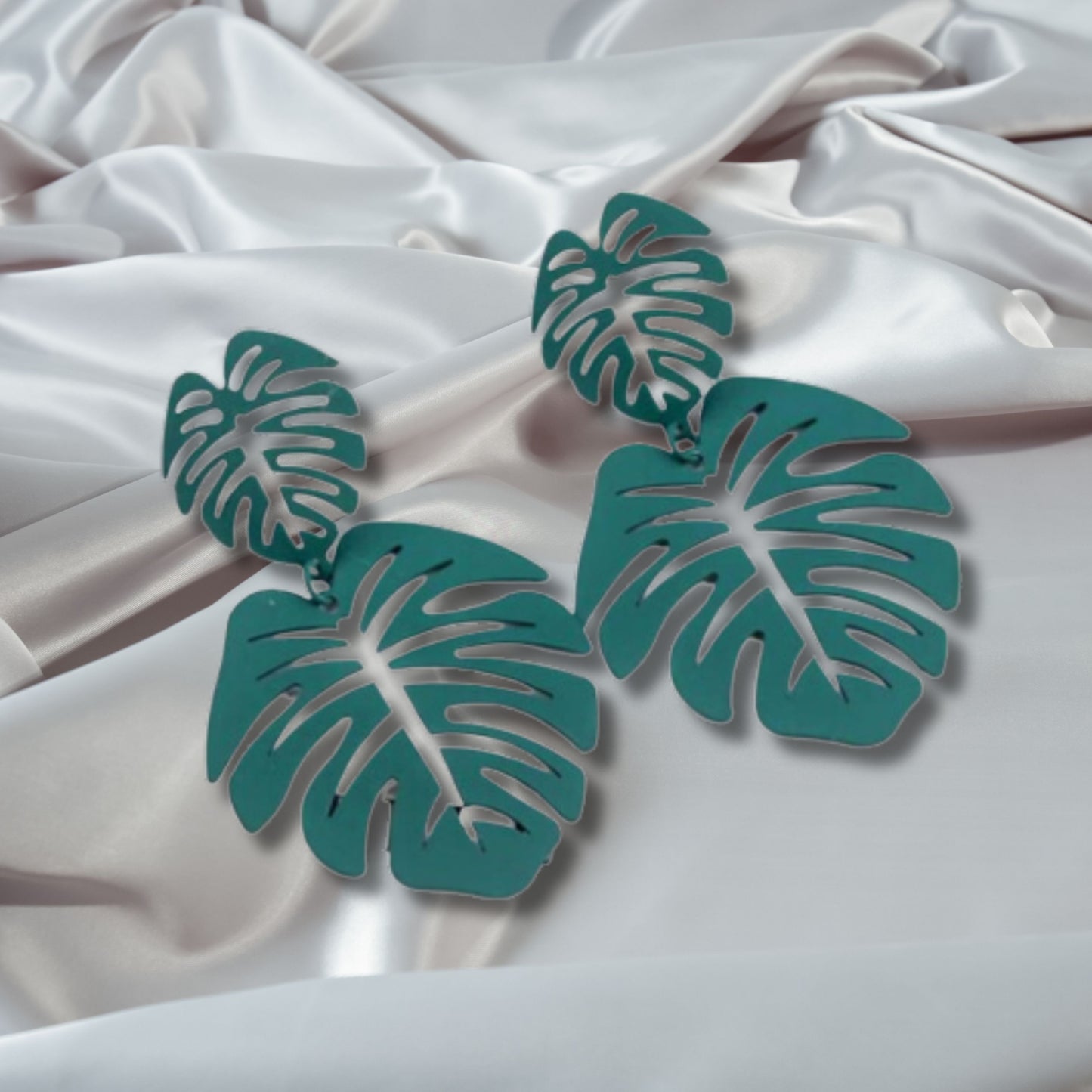 Teal Metal Tropical Leaves Vacation Miami Fashion Earrings