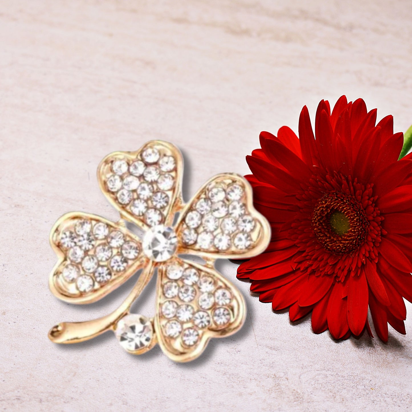 Gold Clover Rhinestone Brooch Pin