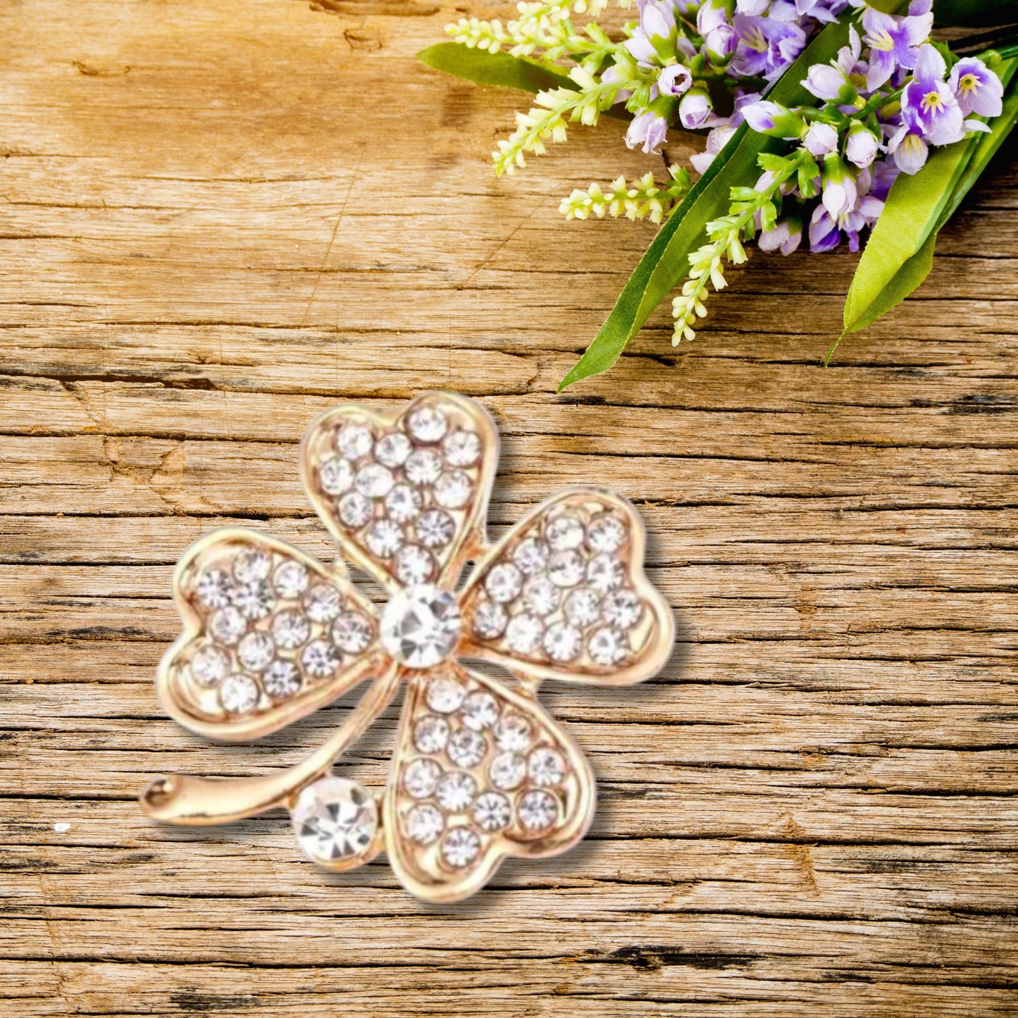 Gold Clover Rhinestone Brooch Pin