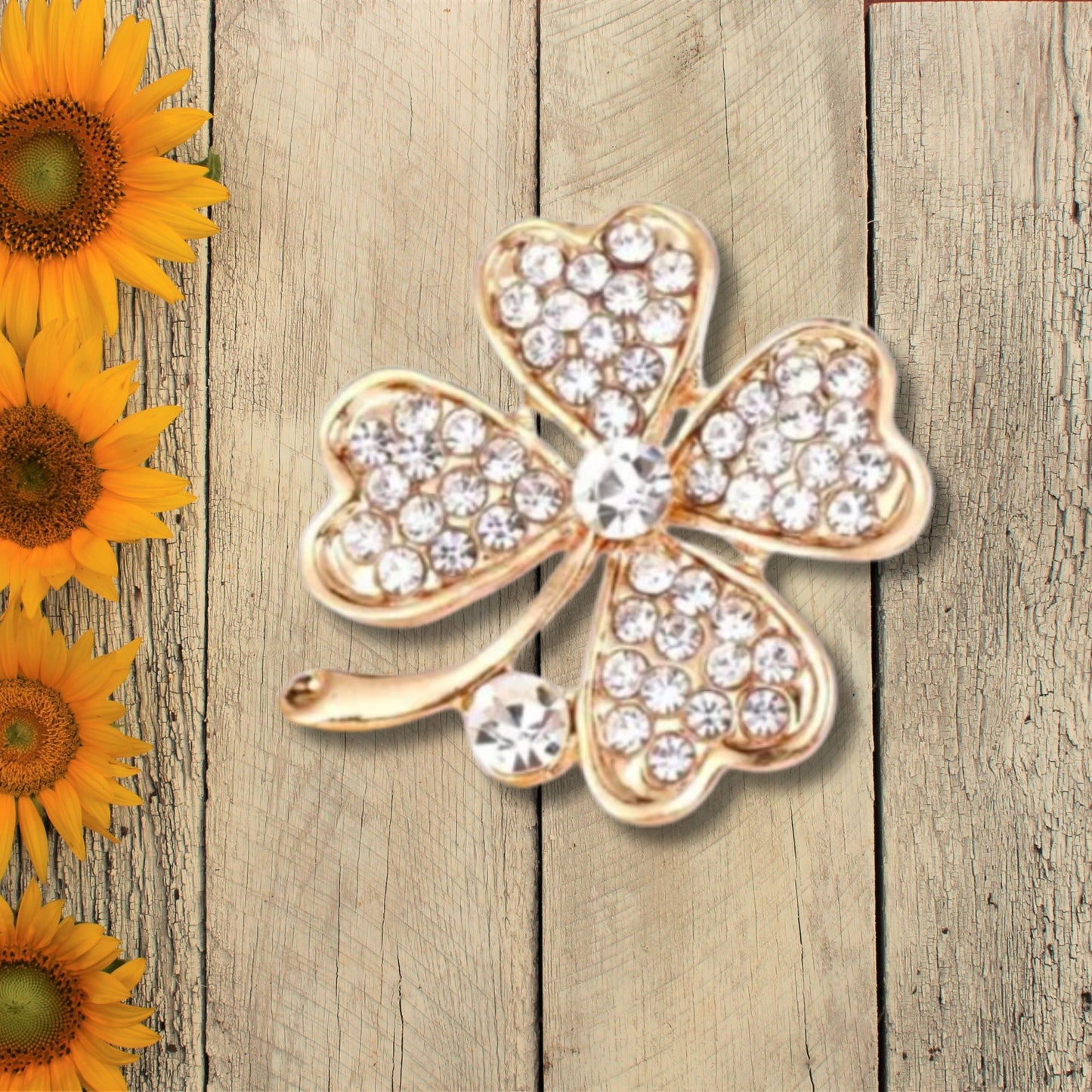 Gold Clover Rhinestone Brooch Pin