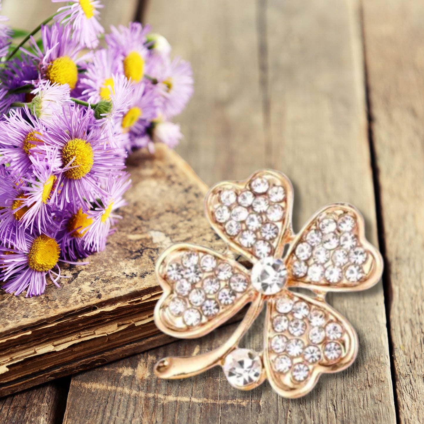 Gold Clover Rhinestone Brooch Pin