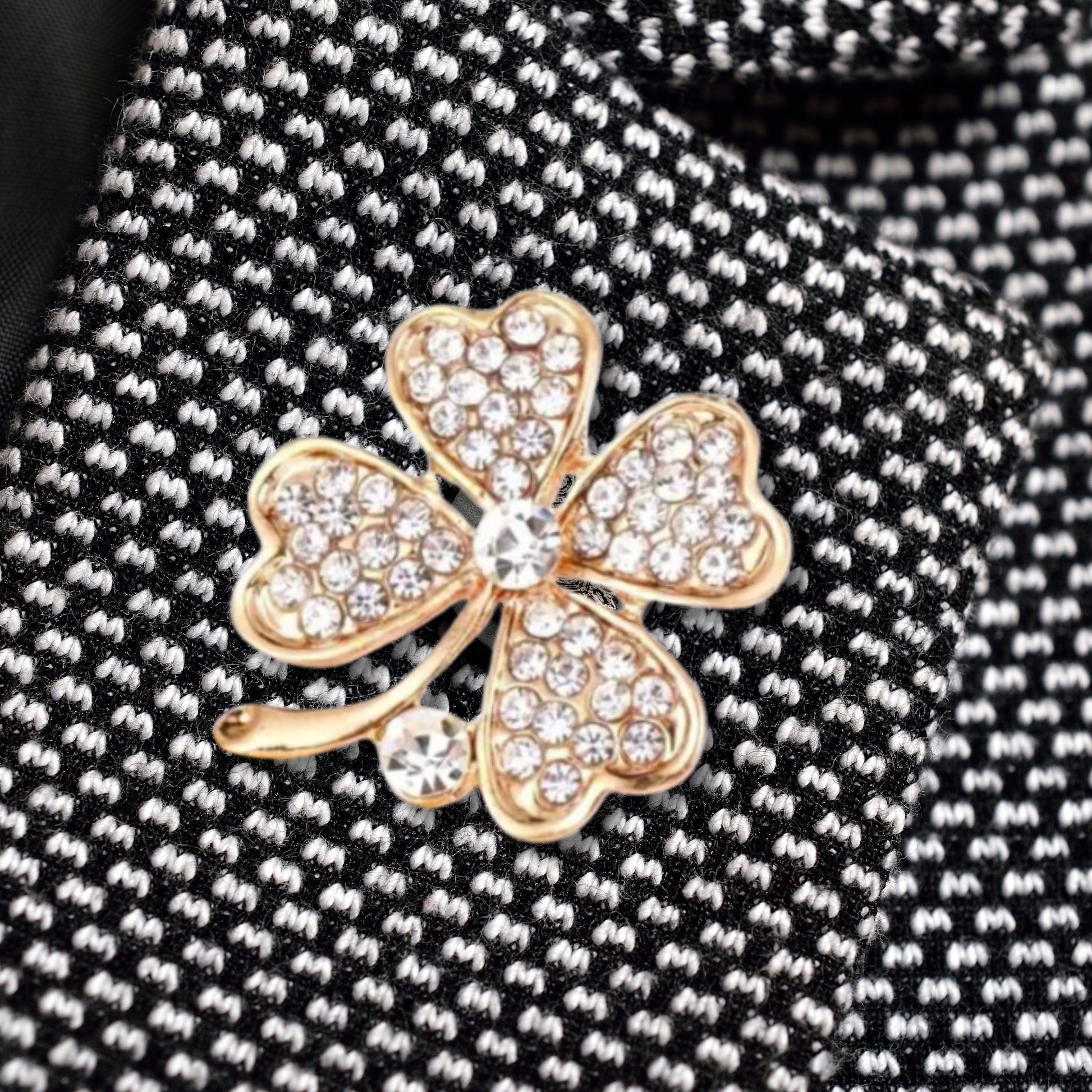 Gold Clover Rhinestone Brooch Pin