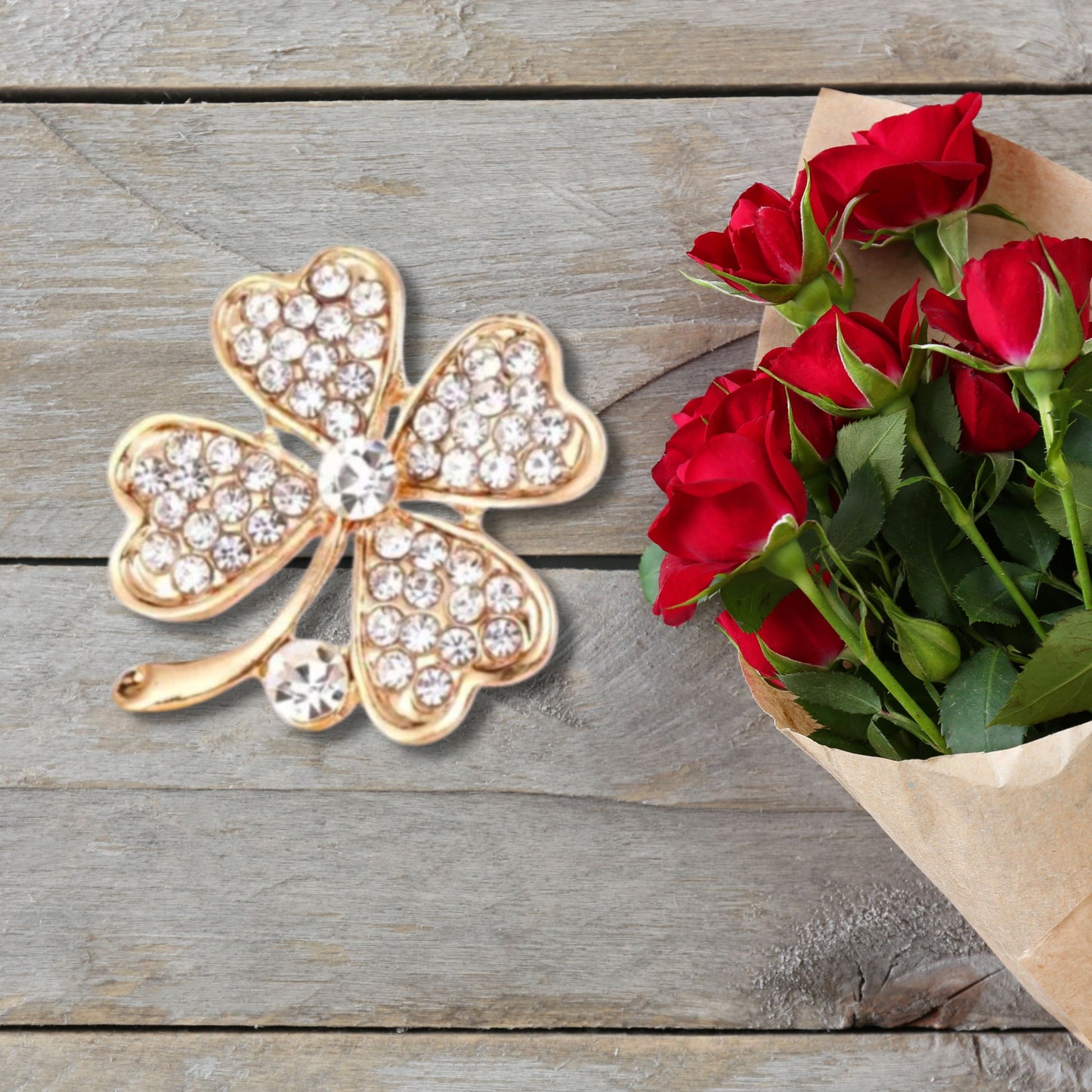 Gold Clover Rhinestone Brooch Pin