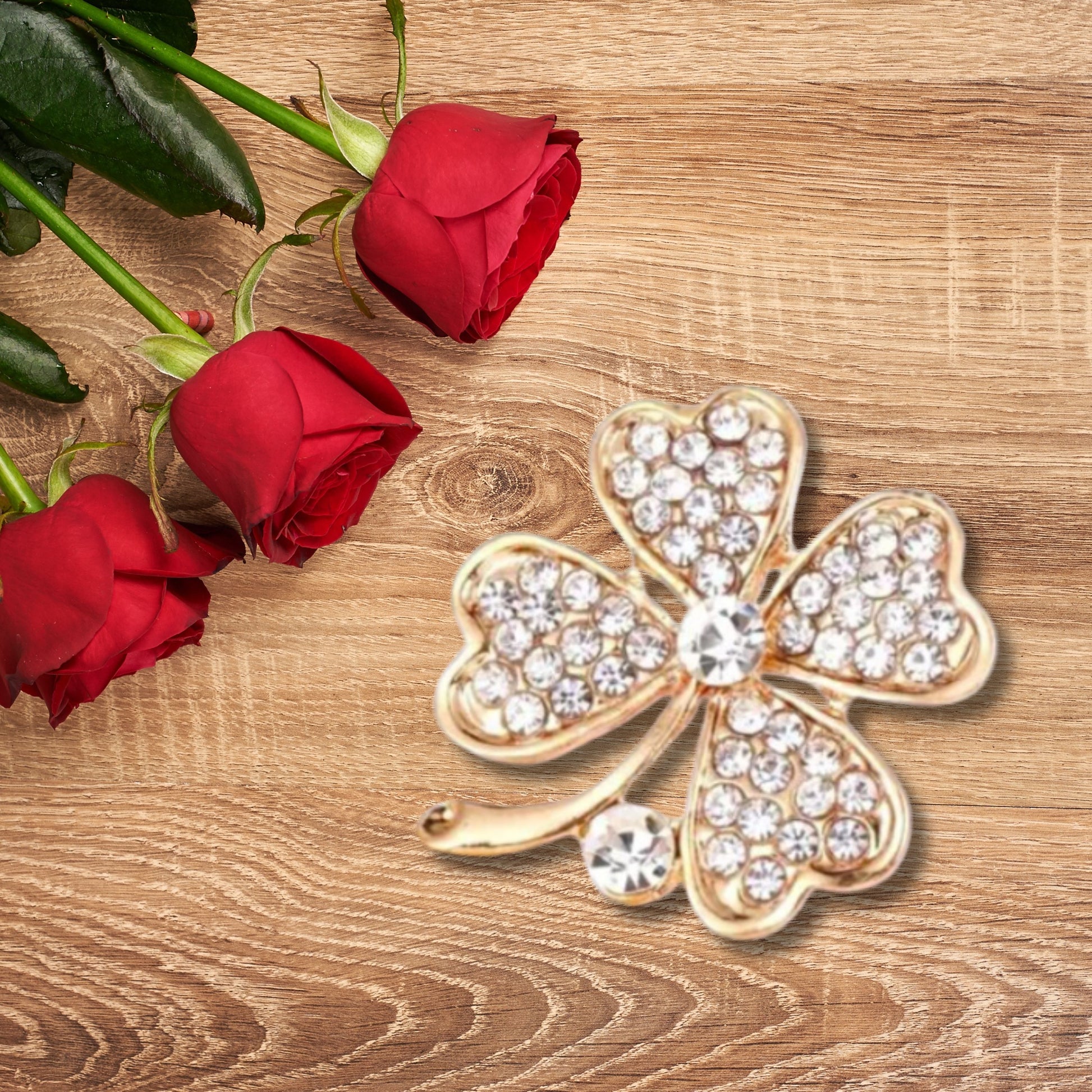 Gold Clover Rhinestone Brooch Pin