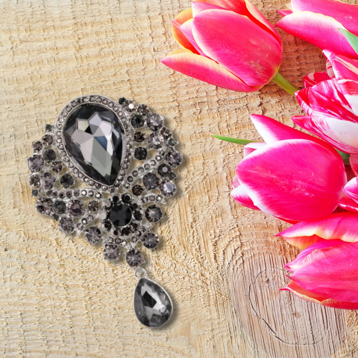 Graphite Rhinestone Brooch Pin