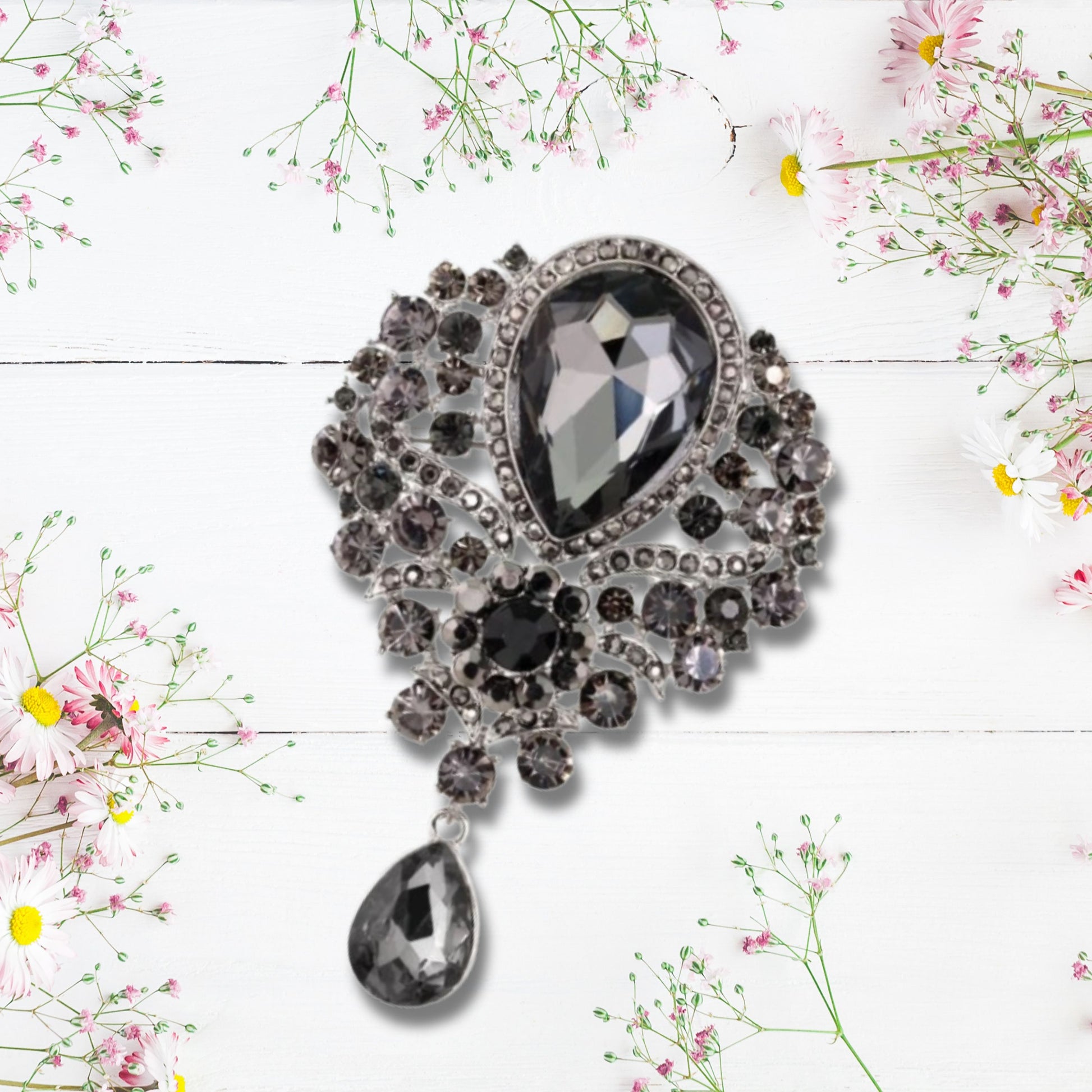 Graphite Rhinestone Brooch Pin