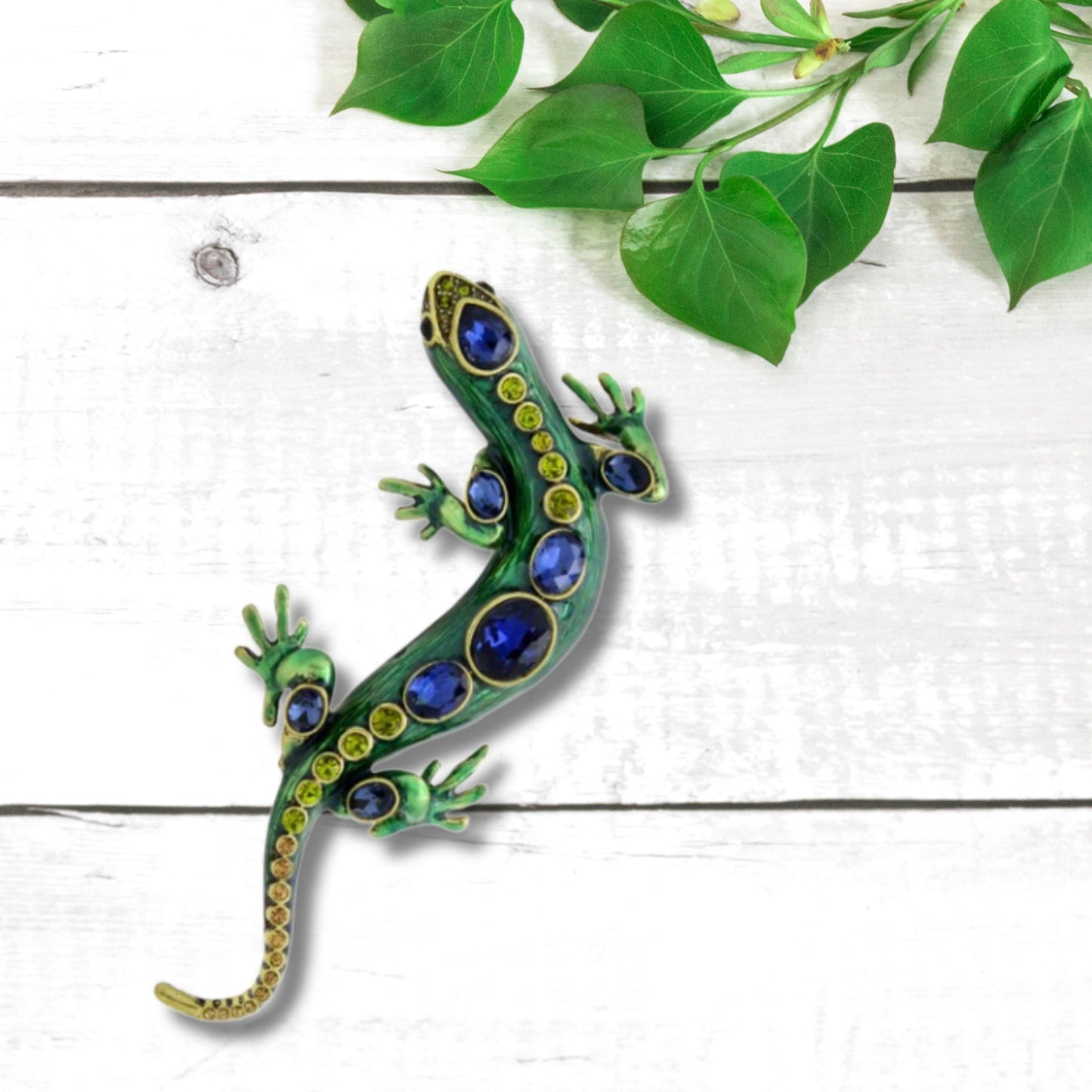 Green Lizard Rhinestones Brooch