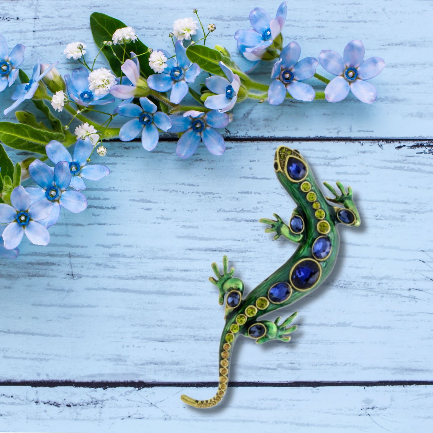 Green Lizard Rhinestones Brooch