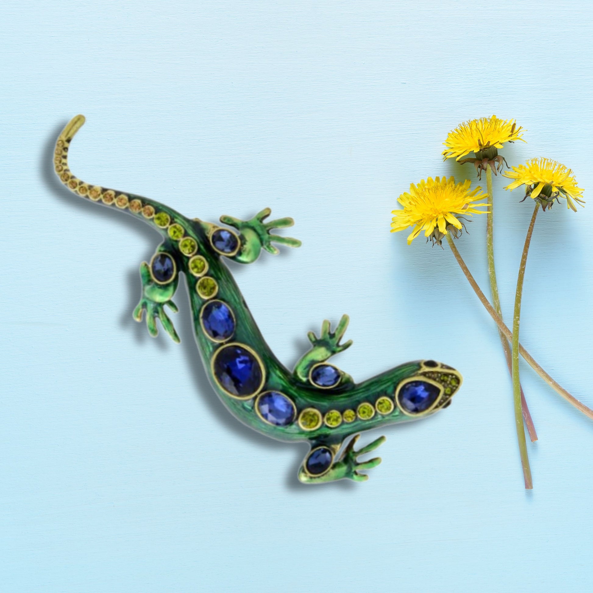 Green Lizard Rhinestones Brooch